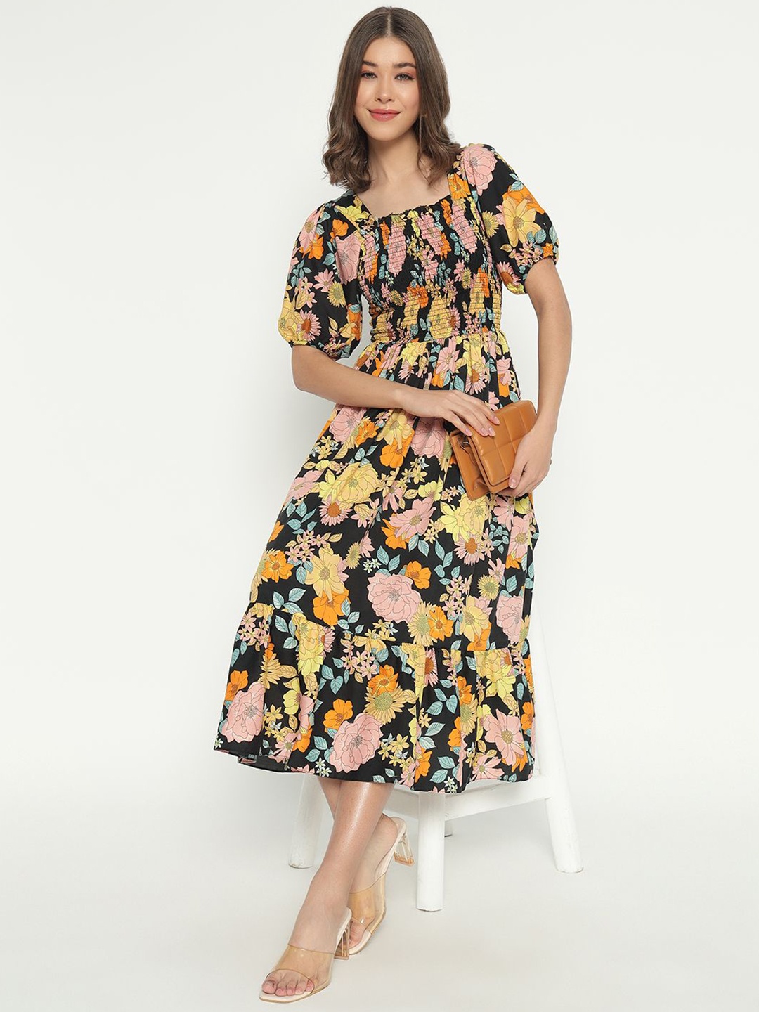 

Femvy Floral Print Applique Crepe Fit & Flare Dress, Yellow