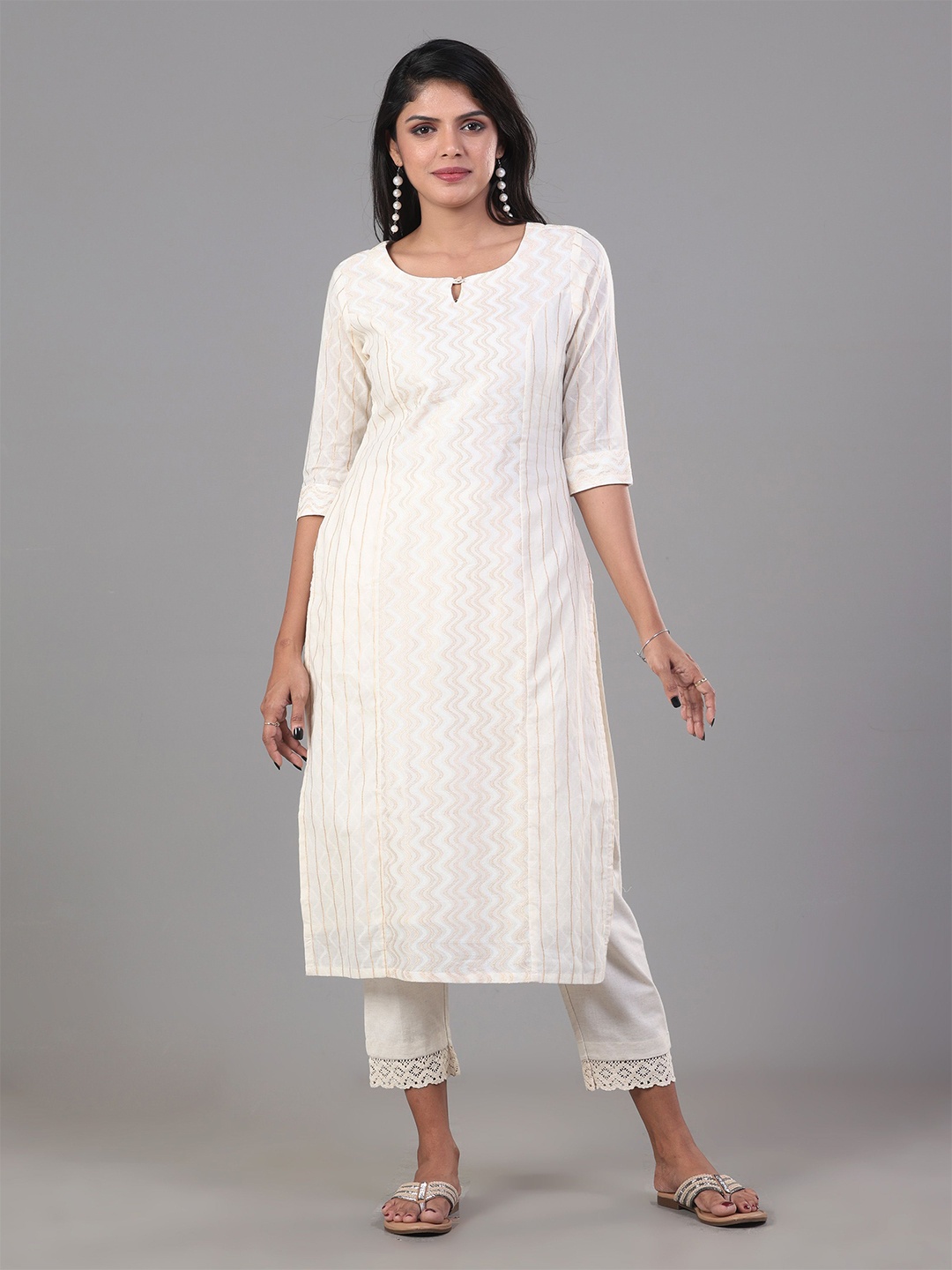 

Vismay Embroidered Keyhole Neck Cotton Kurta, Beige