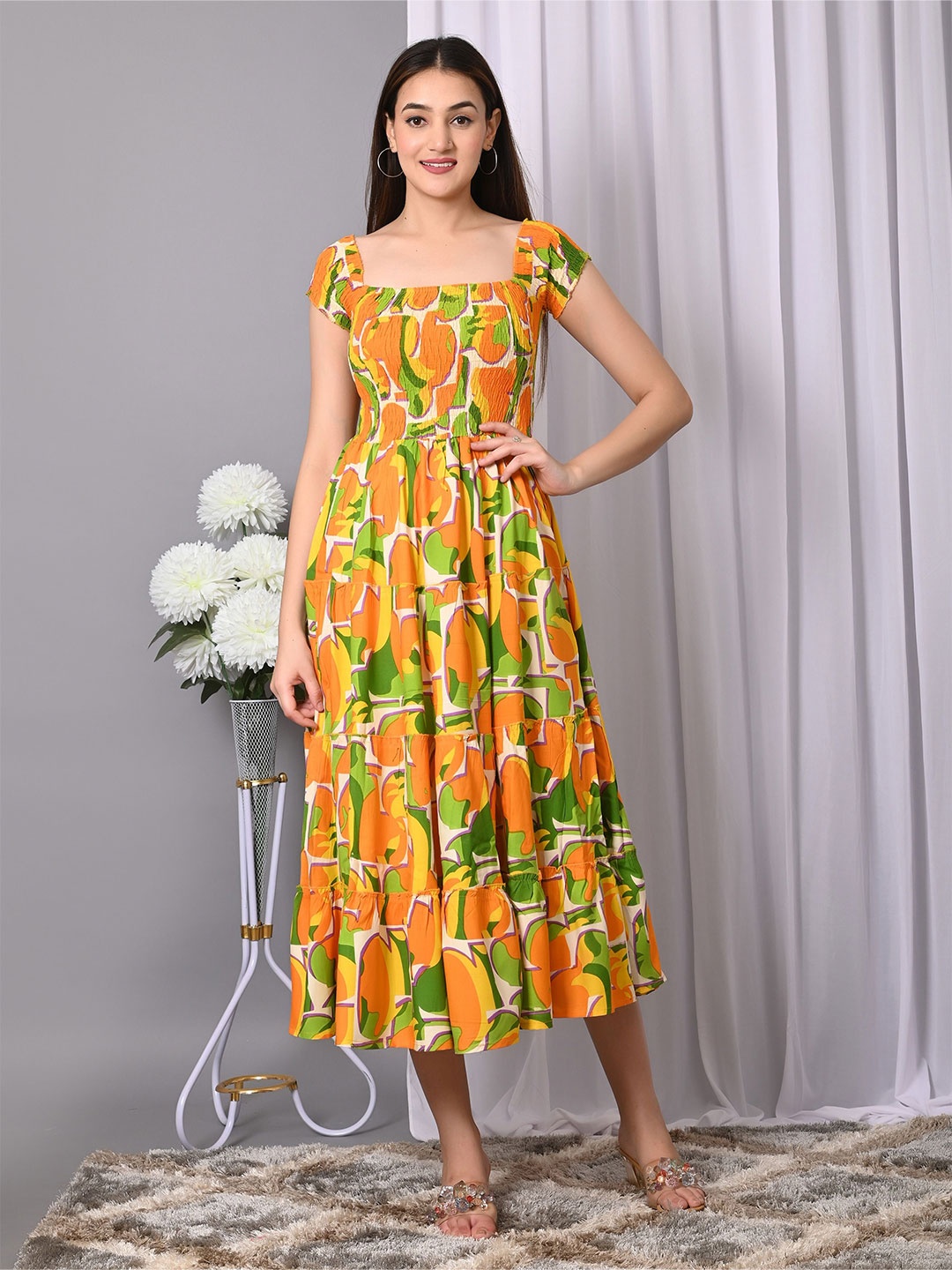 

VYMO Printed Fit & Flare Midi Dress, Orange