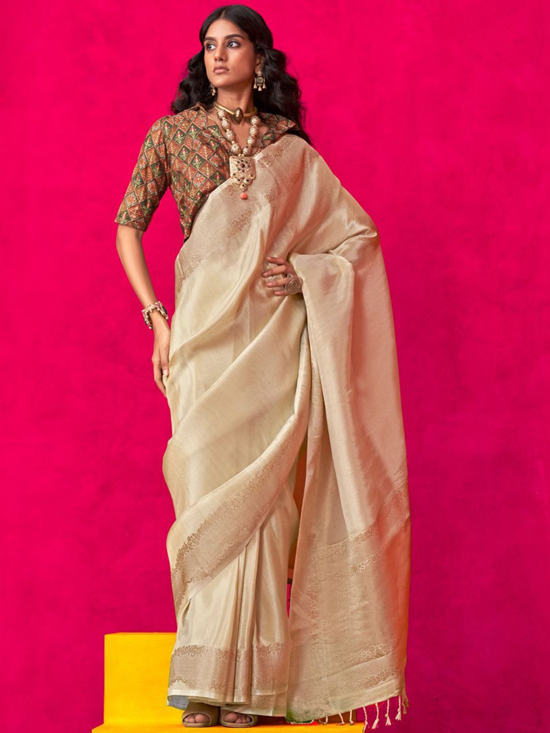 

Mitera Zari Tissue Saree, Cream