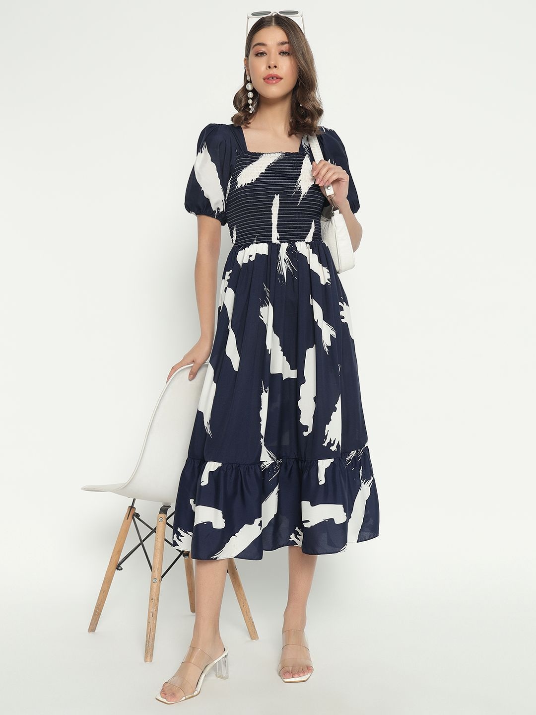 

Krunal Raiyani Women Printed Smocked Fit & Flare Dress, Navy blue