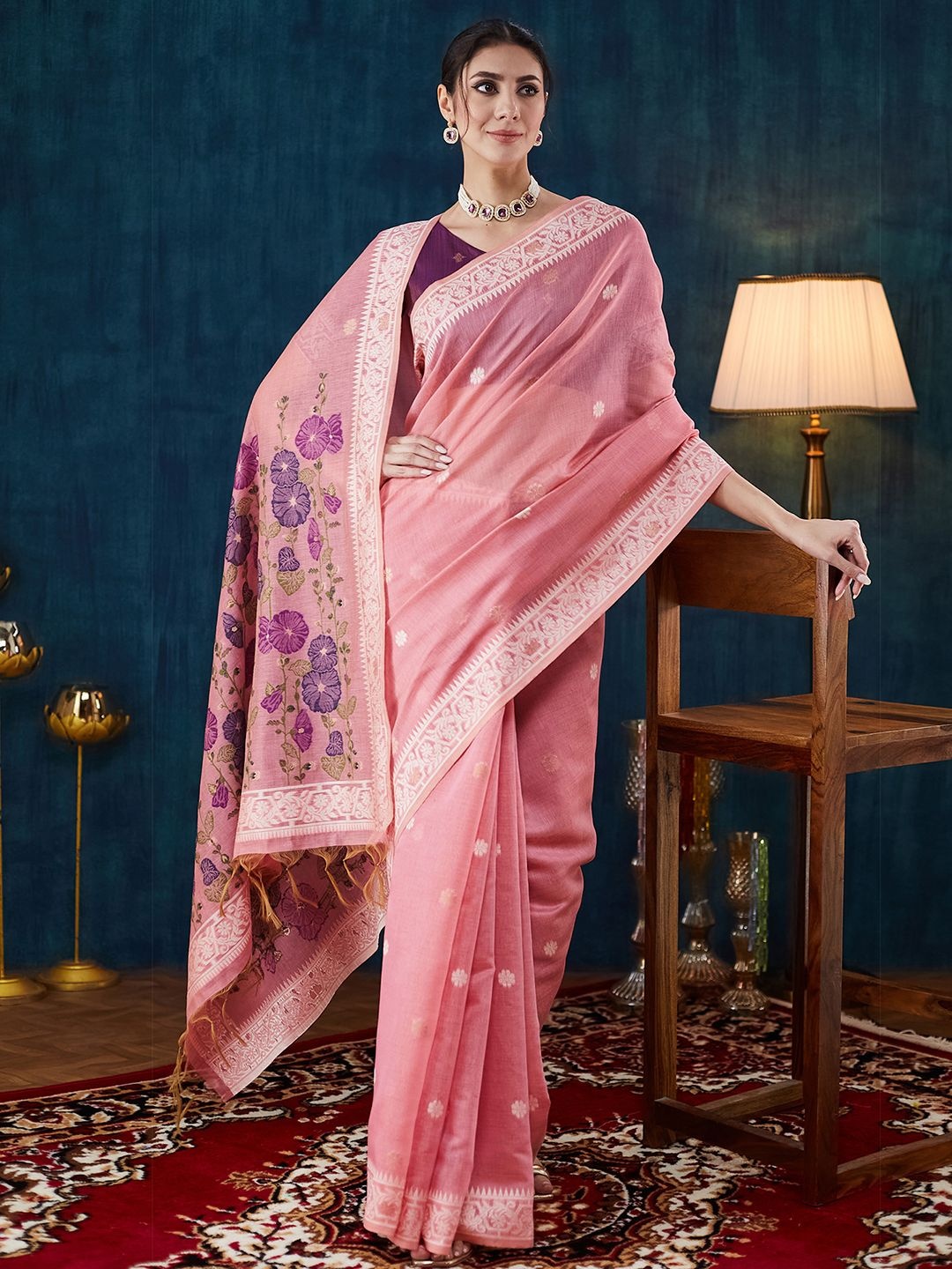 

Satrani Woven Design Embroidered Silk Cotton Saree, Pink