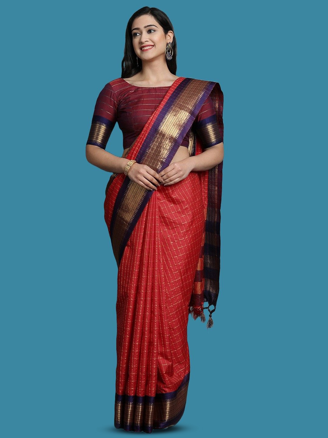 

yourwish Women Checked Zari Garad Saree, Red