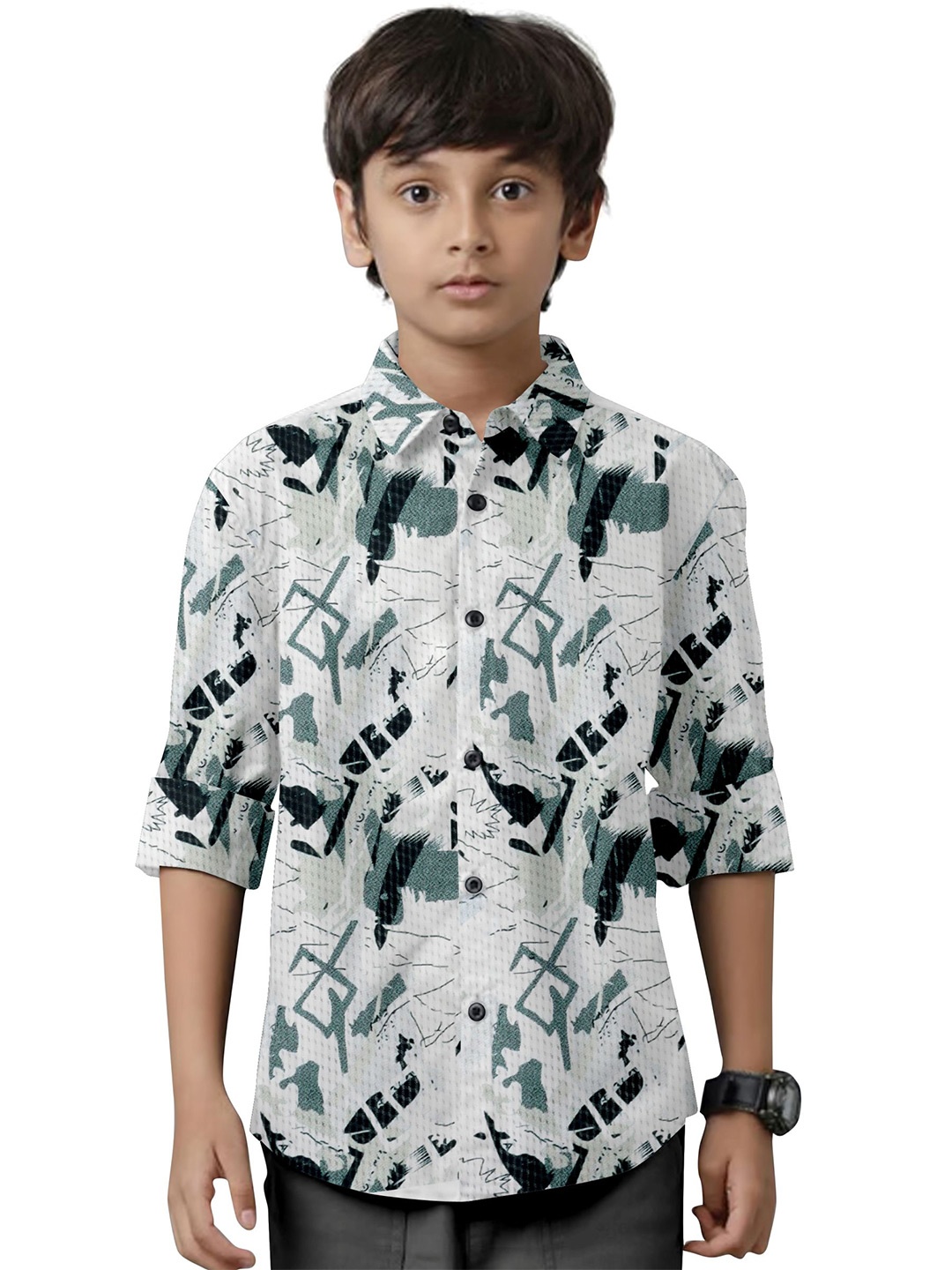 

cut & make Boys Classic Spread Collar Abstract Printed Casual Shirt, White