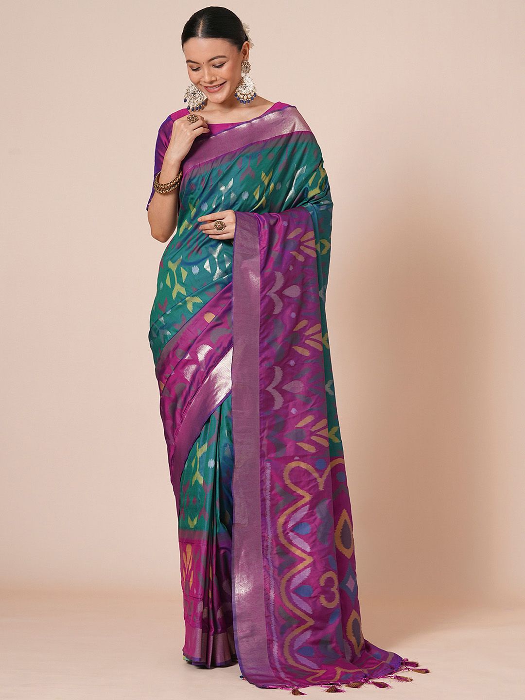 

House of Pataudi Woven Design Pochampally Saree, Teal