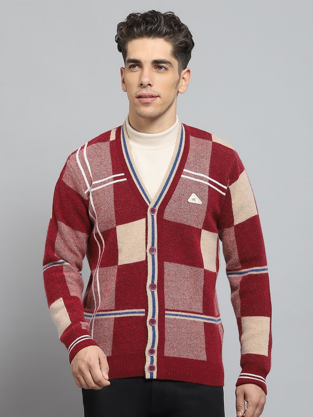 

Monte Carlo Men Colourblocked Woollen Cardigan, Maroon