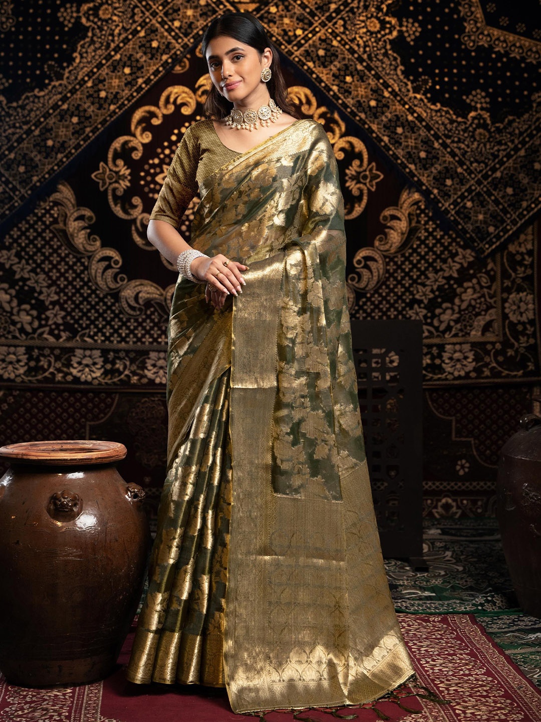 

GAJARAI Woven Design Zari Organza Saree, Grey