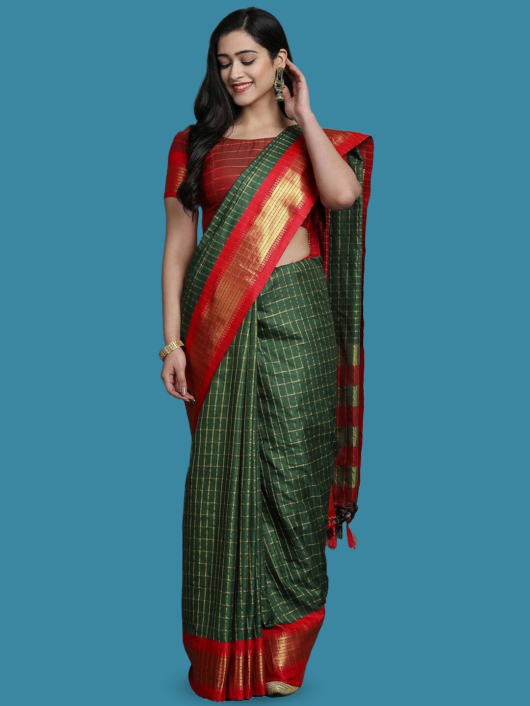 

yourwish Checked Zari Garad Saree, Green