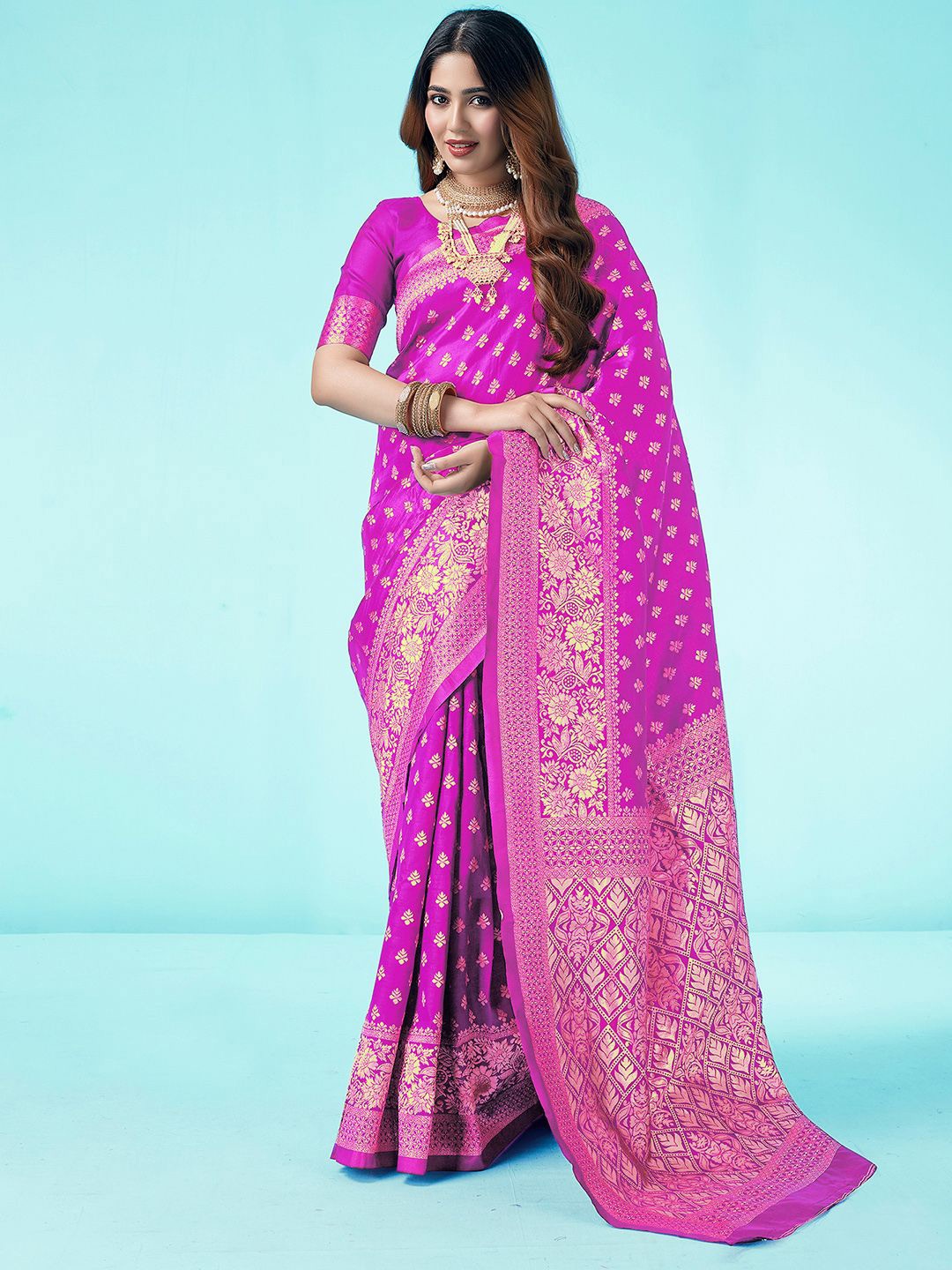 

KALINI Floral Zari Banarasi Saree, Pink
