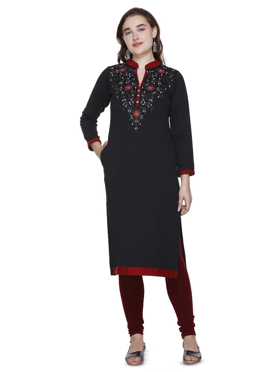 

ROSARY Winter Women Floral Yoke Design Thread Work Straight Kurta, Black