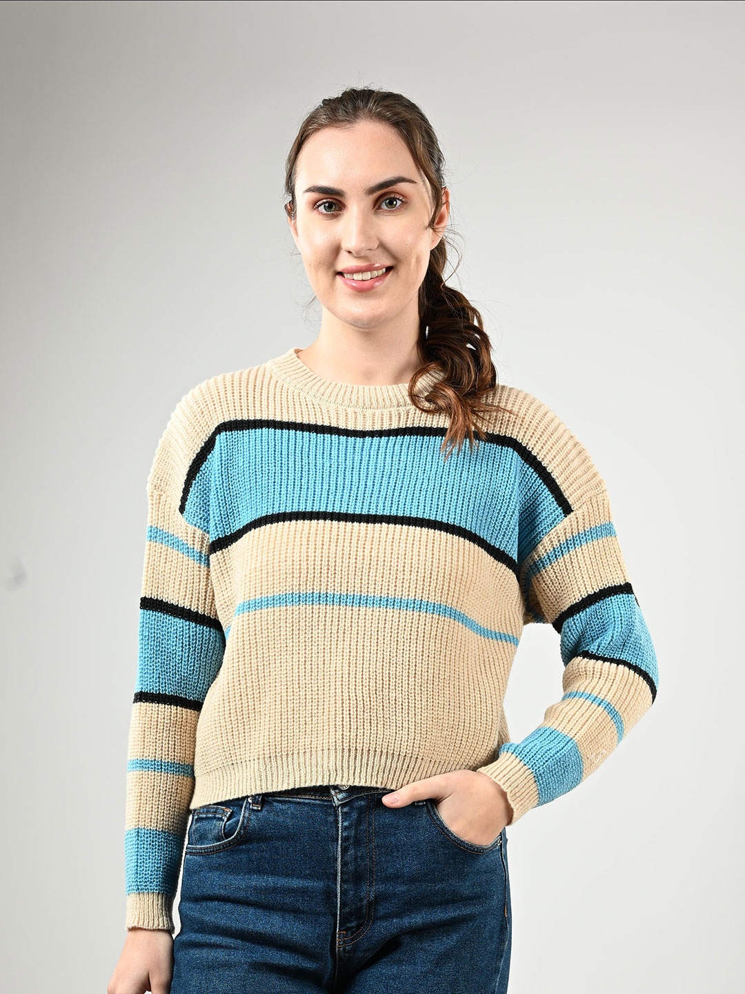 

StyleCast Women Striped Open Knit Pullover Sweaters, Blue