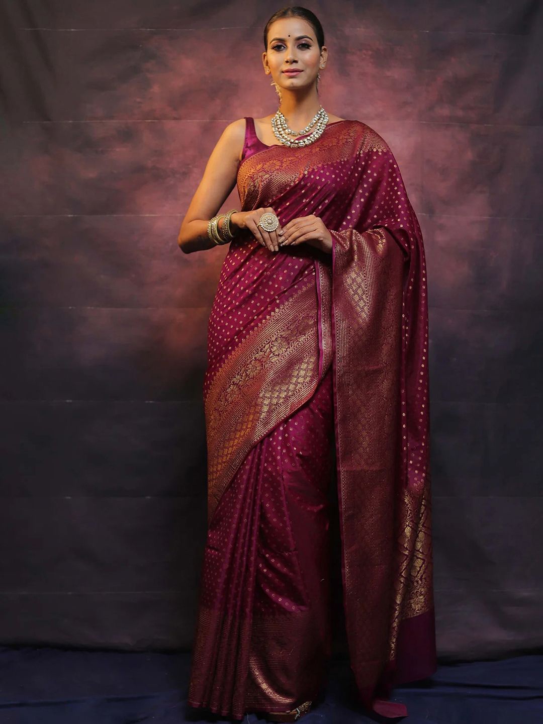 

KALINI Floral Banarasi Saree, Magenta