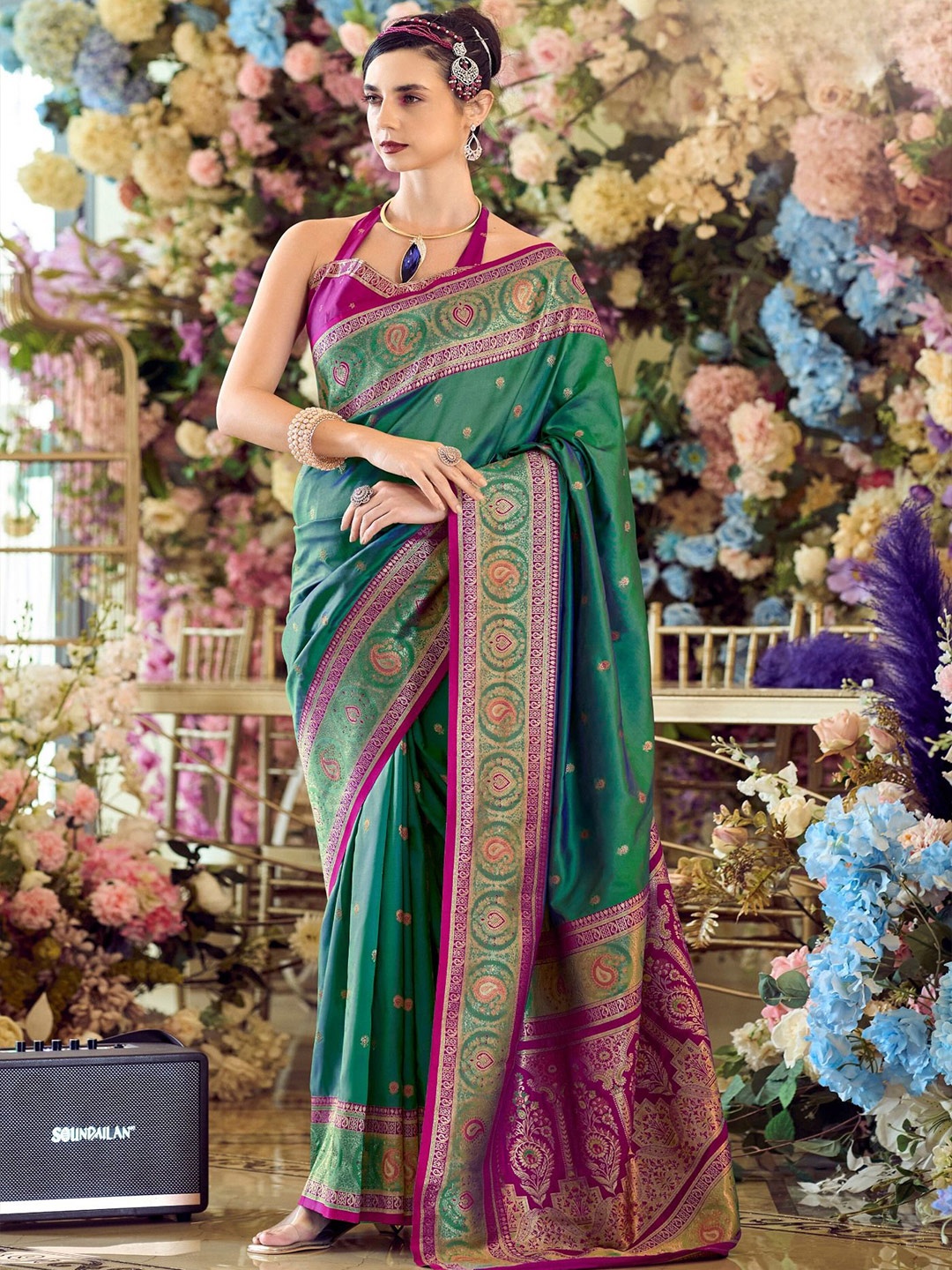 

MySilkLove Woven Design Zari Silk Blend Banarasi Saree, Green