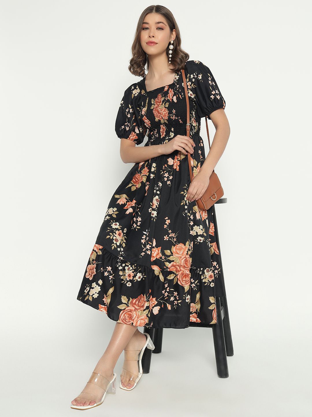 

Krunal Raiyani Women Floral Printed Puff Sleeves Fit & Flare Dress, Black