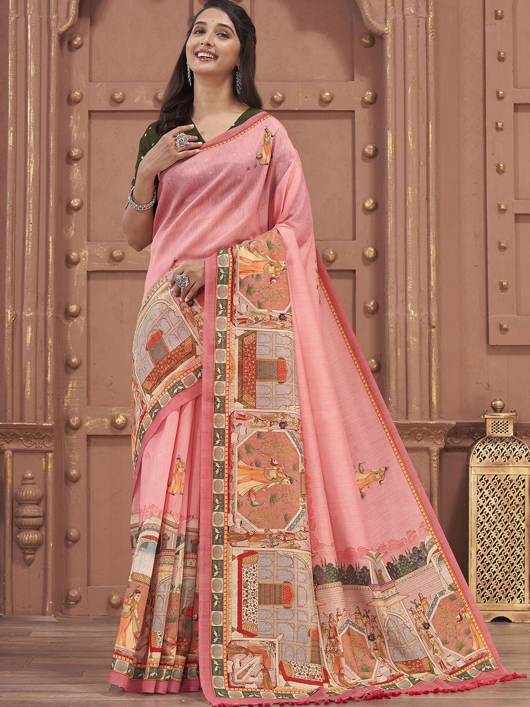 

Ekana Woven Design Zari Silk Cotton Saree, Pink