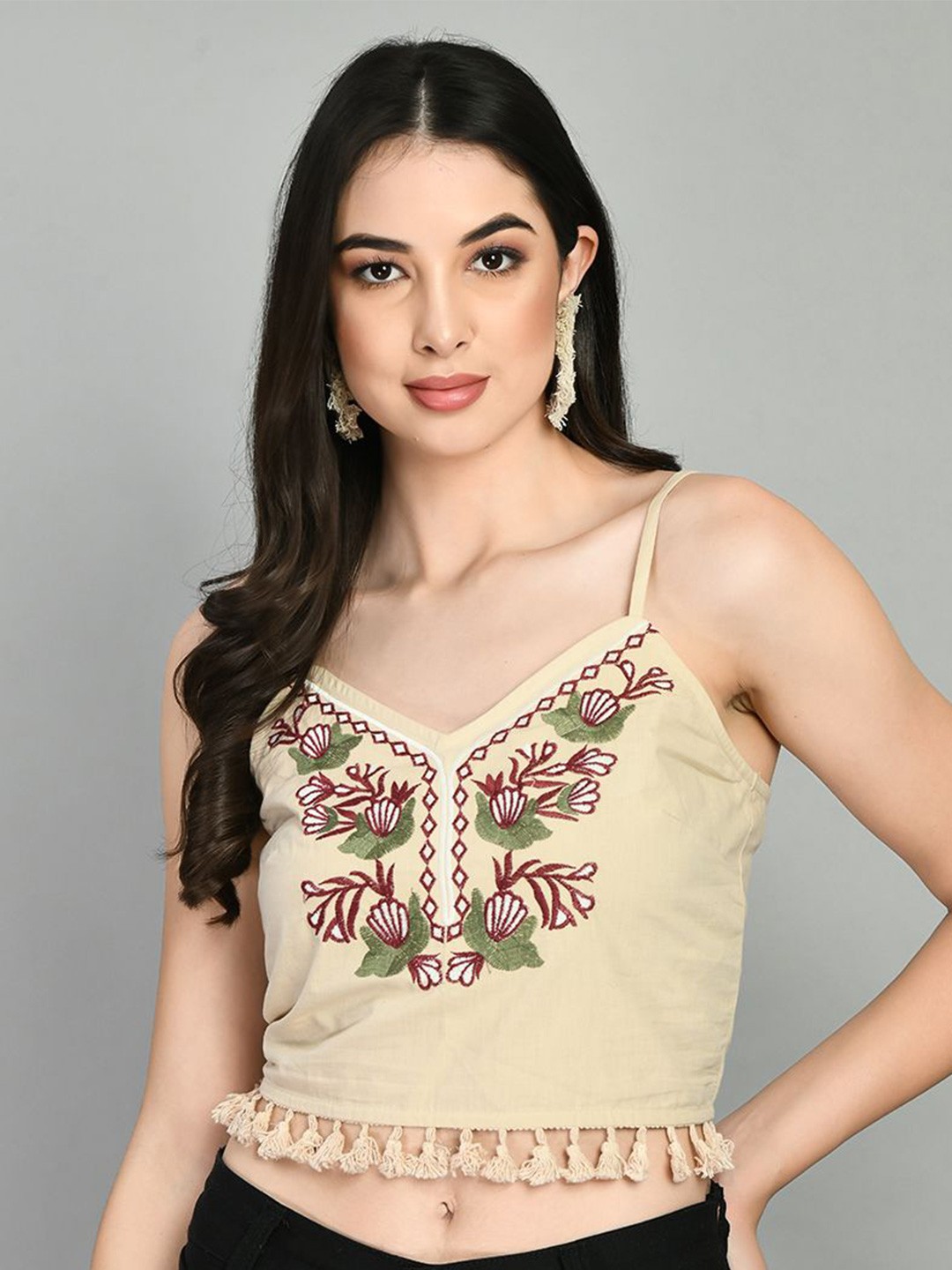 

DressBerry Embroidered Sweetheart Neck Cotton Crop Top, Beige