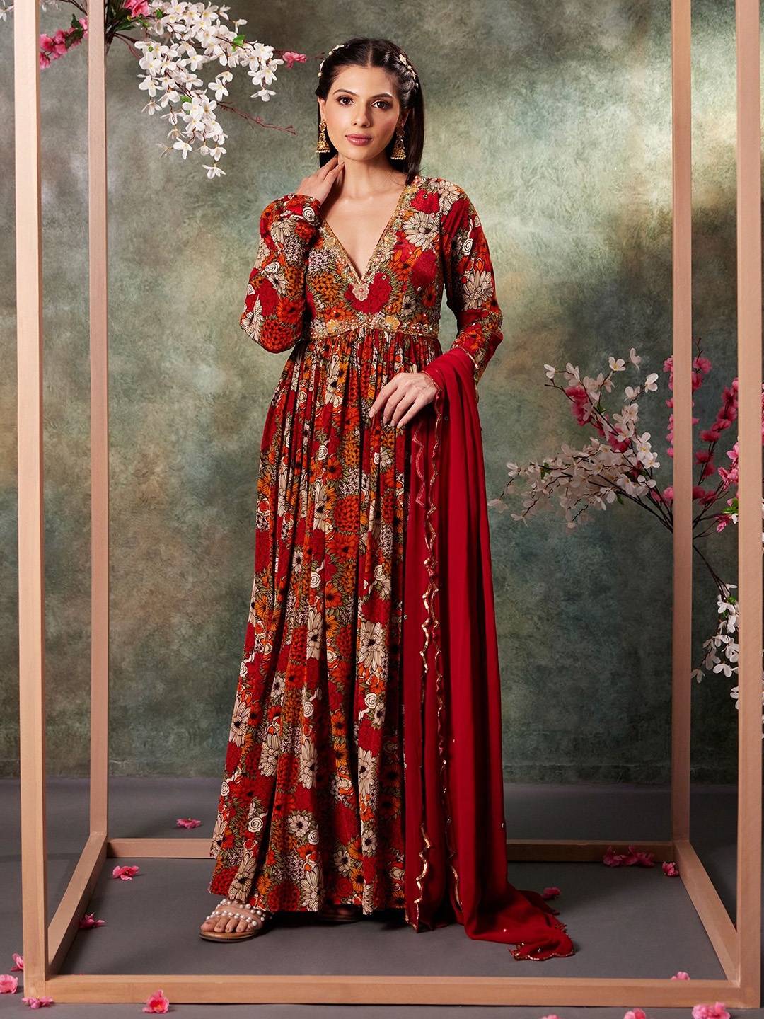 

Mehak Murpana Floral Printed V-Neck Fit and Flare Maxi Ethnic Dress, Red