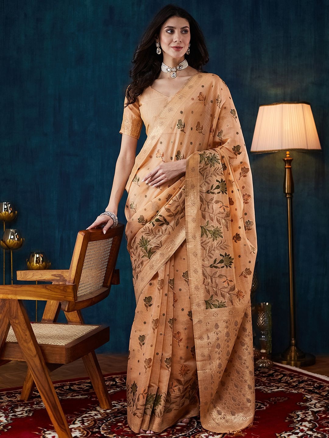 

Satrani Woven Design Embroidered Saree, Beige