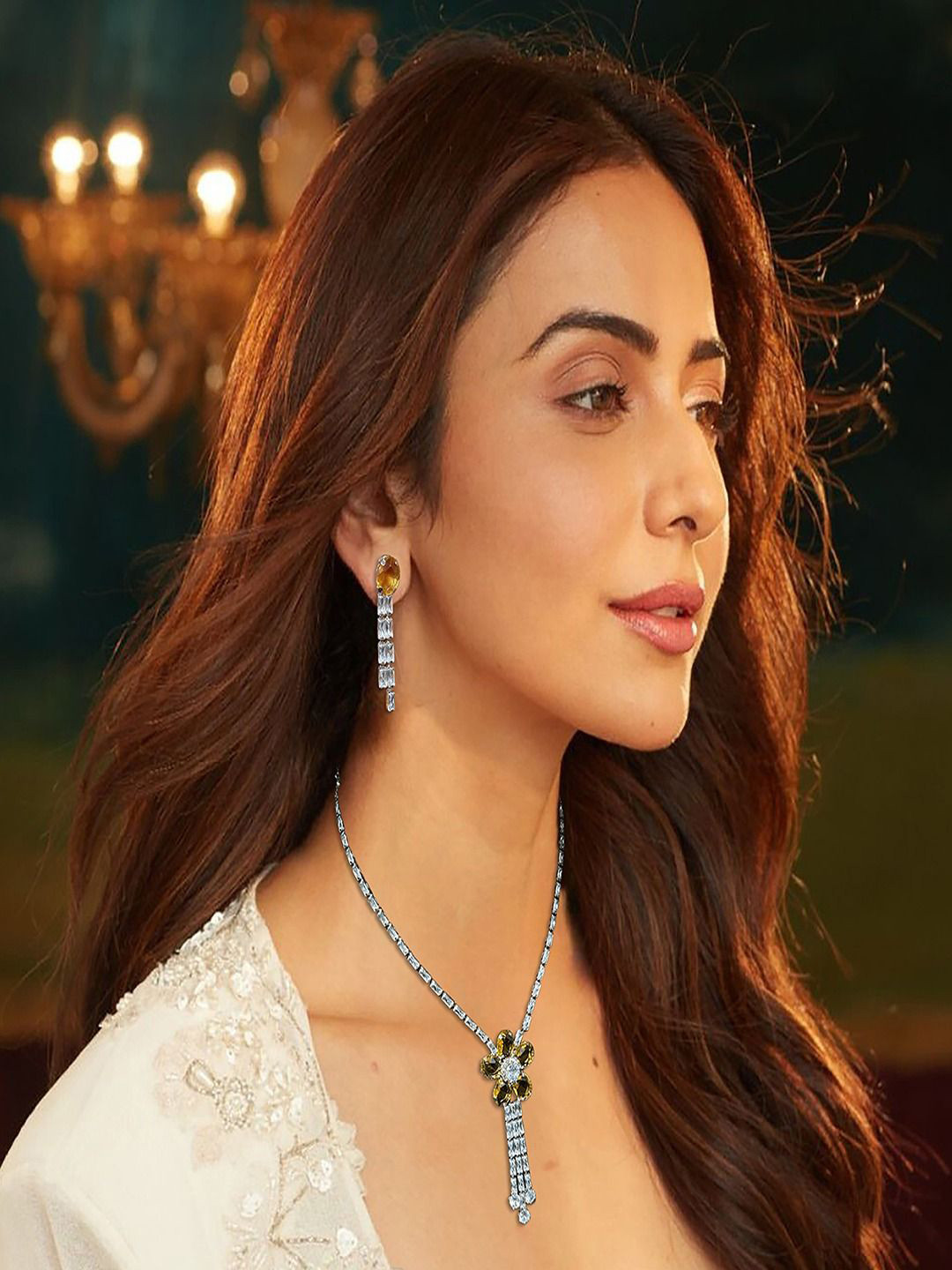 

AccessHer Brass-Plated American Diamond-Studded Necklace and Earrings, Silver
