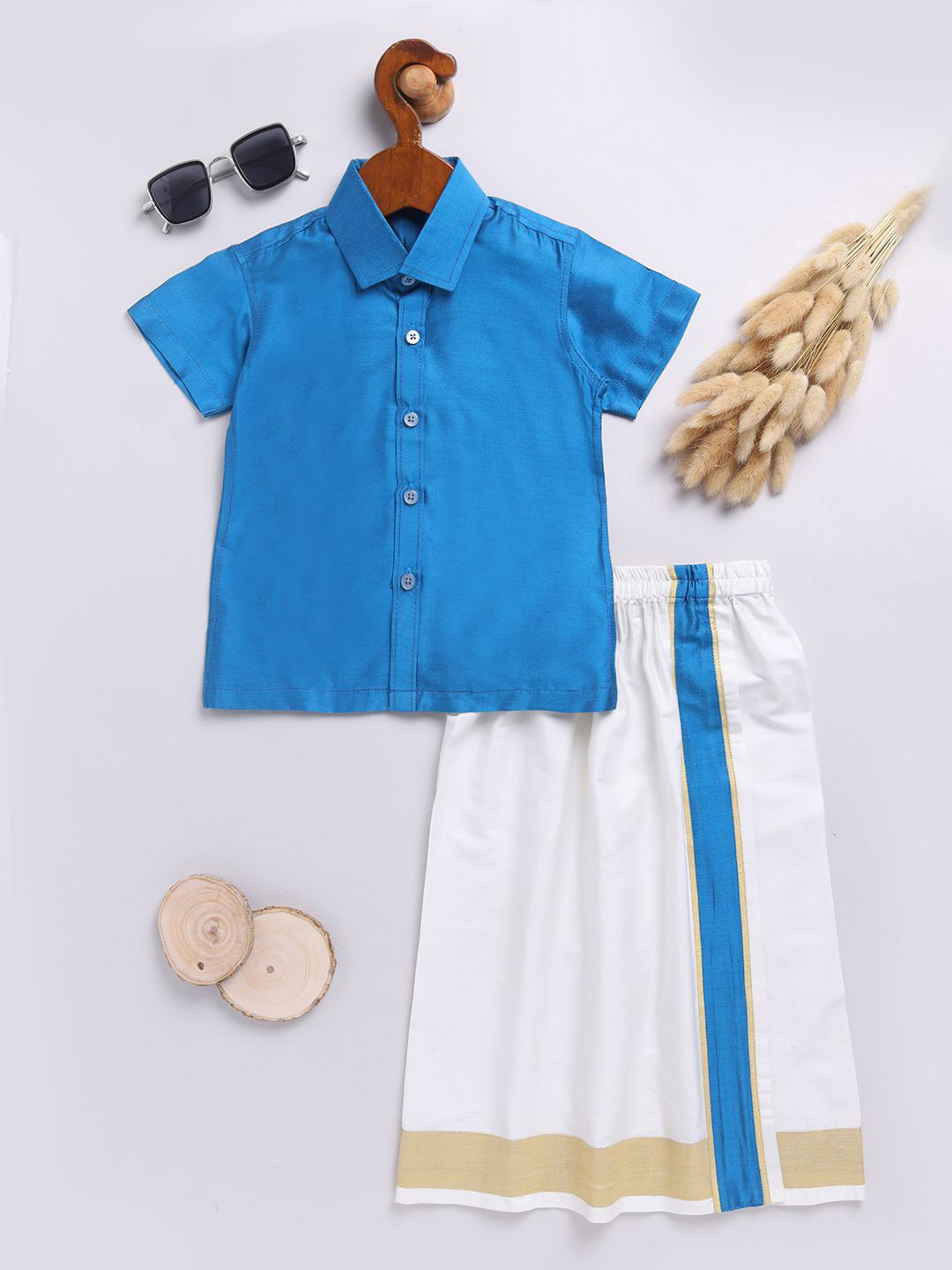 

VASTRAMAY Boys Short Sleeves Shirt With Veshti, Turquoise blue