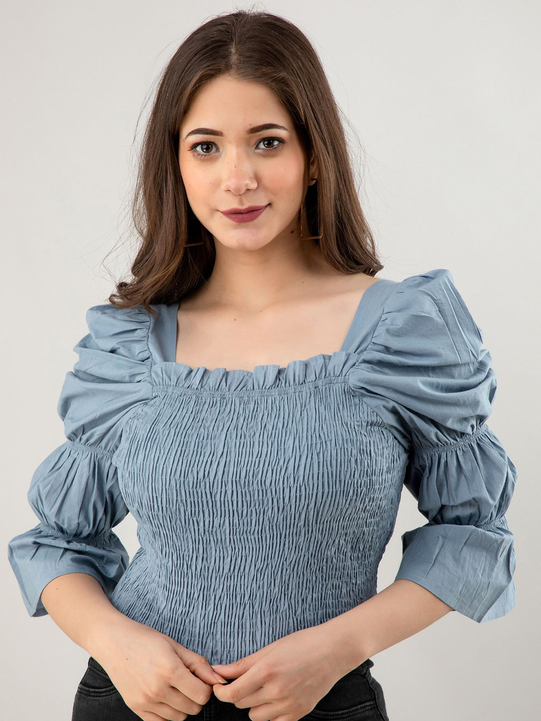 

DressBerry Women Square Neck Smocked Cotton Crop Top, Blue