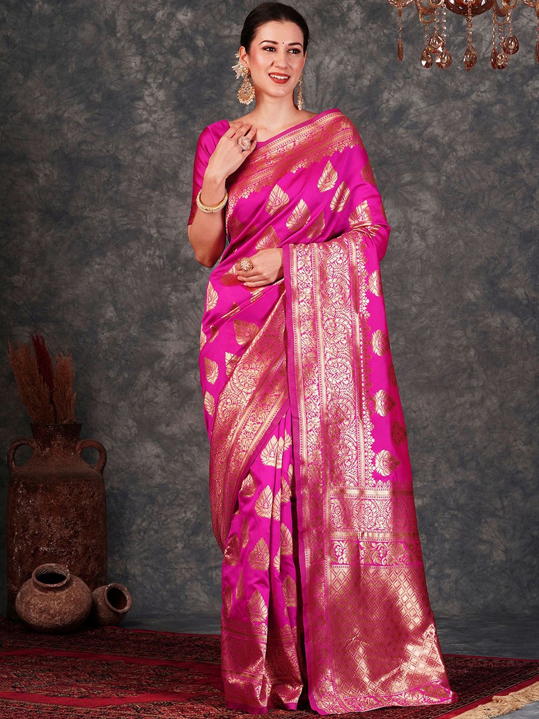 

KALINI Ethnic Motifs Zari Banarasi Saree, Magenta