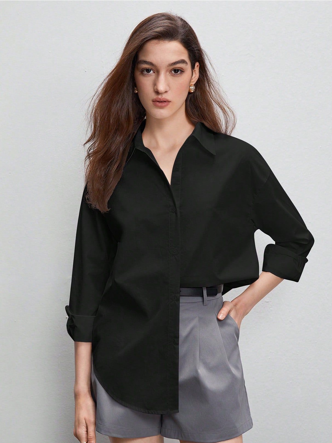 

WHY SO FAB Women Comfort Oversized Fit Spread Collar Solid Cotton Casual Shirt, Black