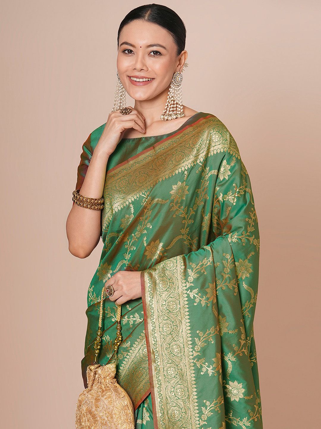 

House of Pataudi Ethnic Motifs Woven Design Banarasi Saree, Green