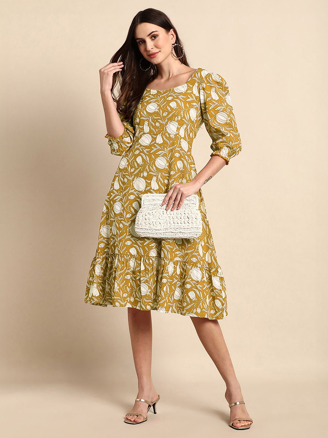 

KALINI Women Floral Printed Cotton Fit and Flare Midi Dress, Mustard