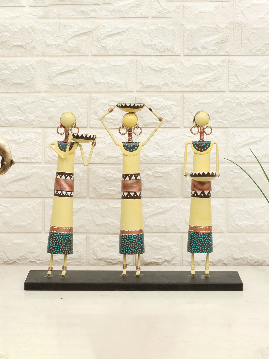 

vedas Mystical Indian Yellow & Green 3 Pieces Printed F-Cosmo Dolls MDF Base Showpiece