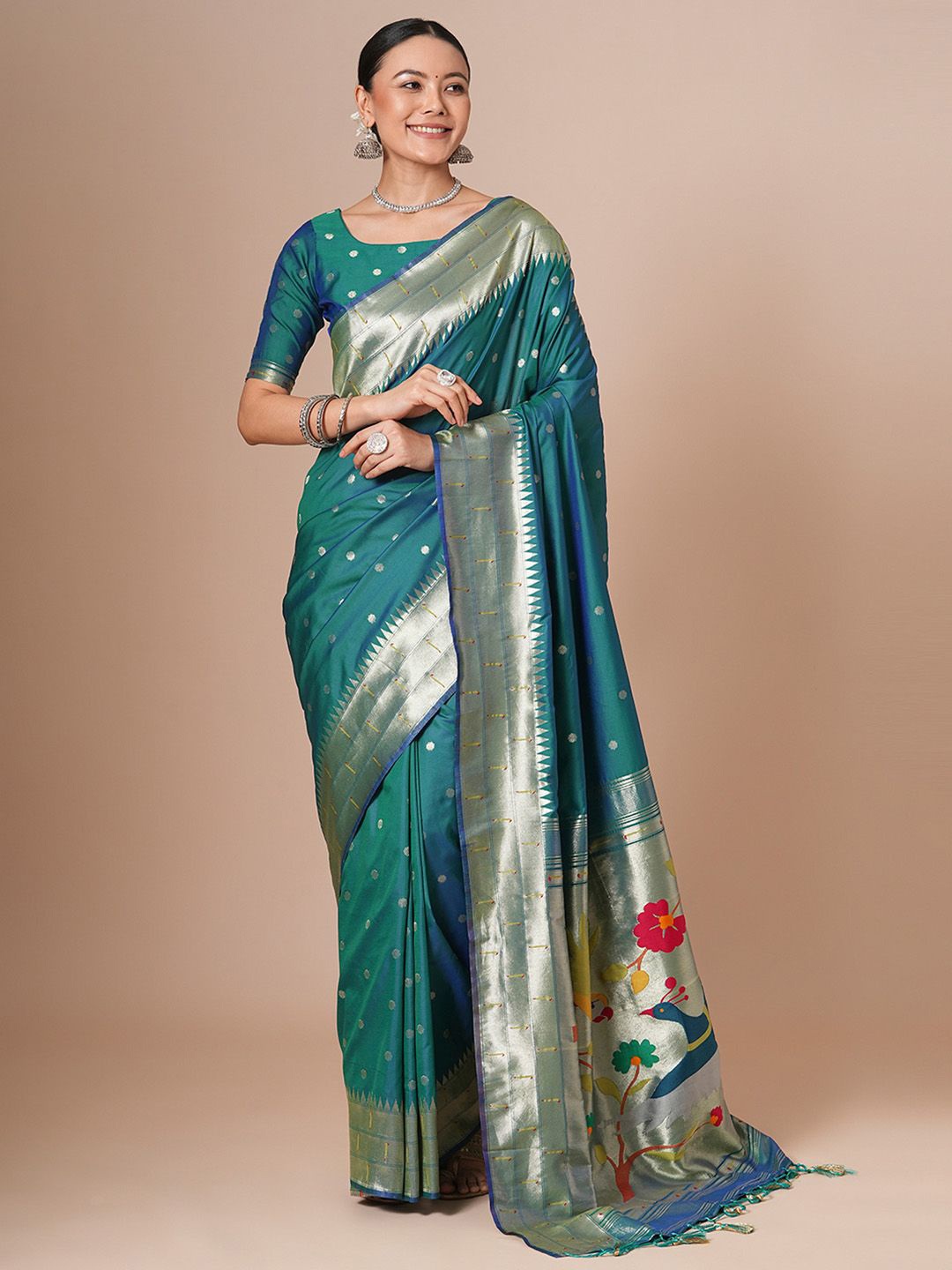 

House of Pataudi Woven Design Paithani Saree With Blouse Piece, Teal