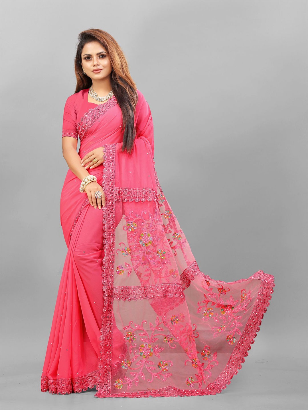 

A TO Z CART Floral Embroidered Pure Georgette Saree, Pink