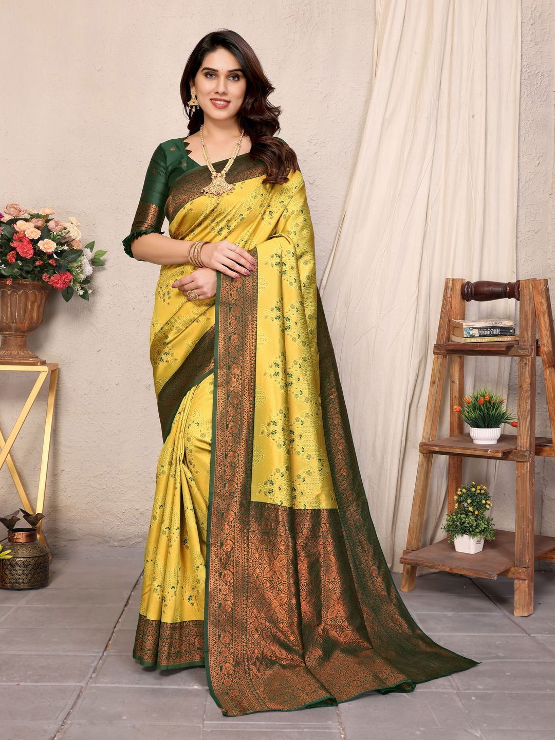 

SHIJILA Floral Zari Banarasi Saree, Yellow