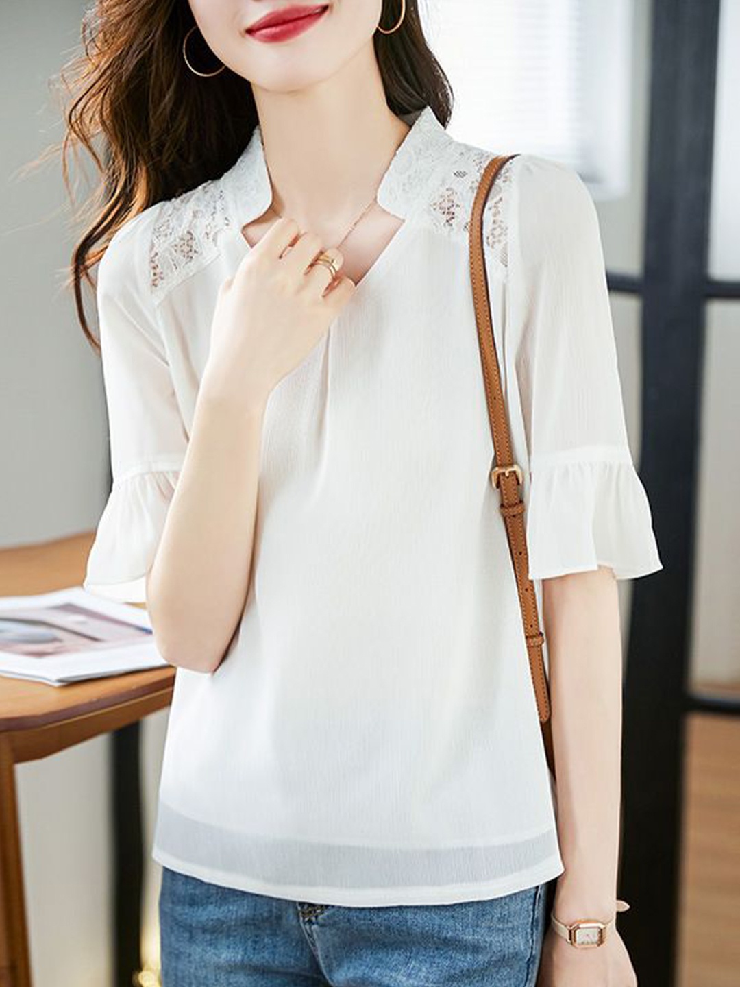 

StyleCast Women Mandarin Collar Cotton Top, White