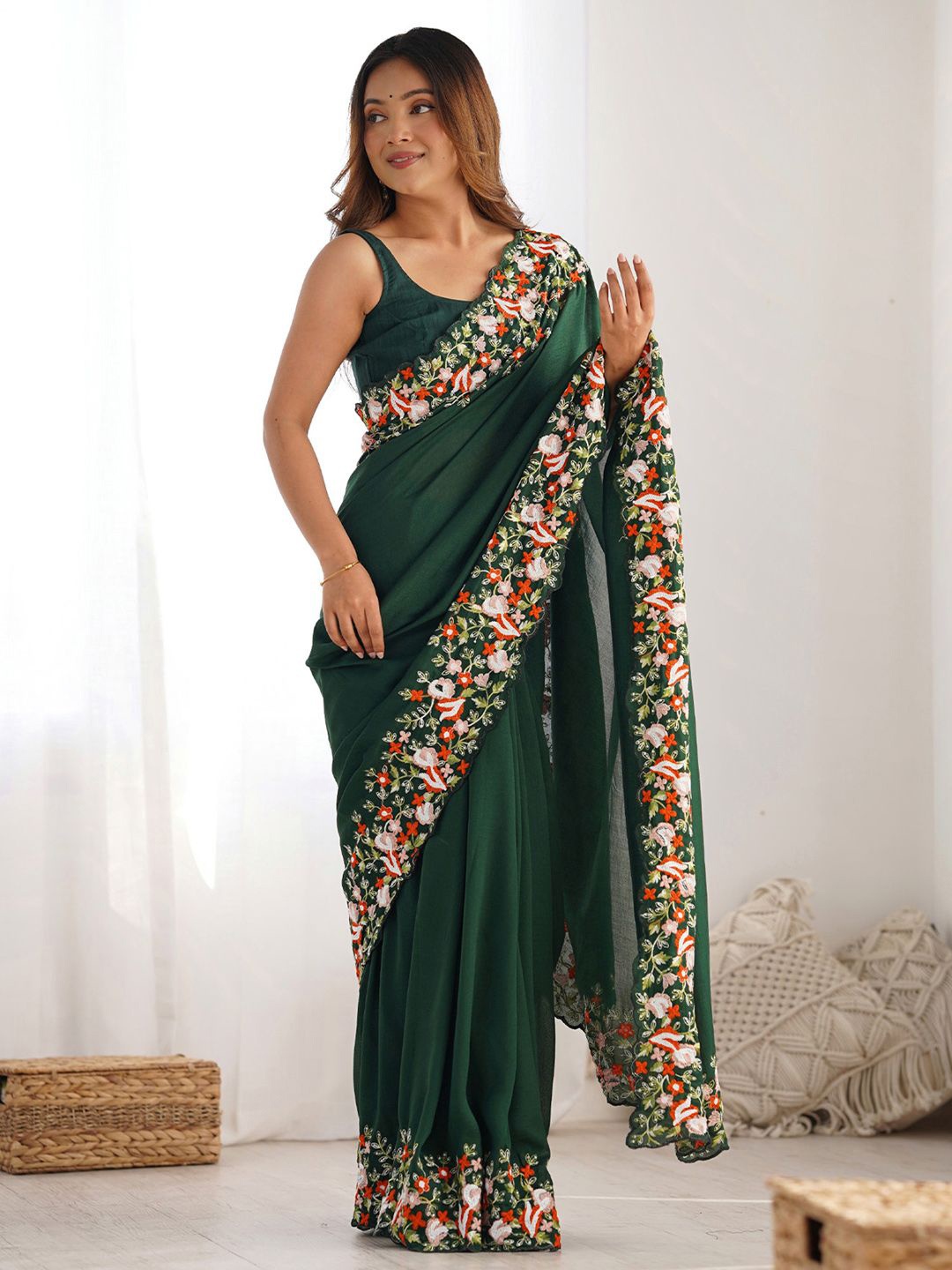 

Anouk Floral Embroidered Kashida Work Saree, Green