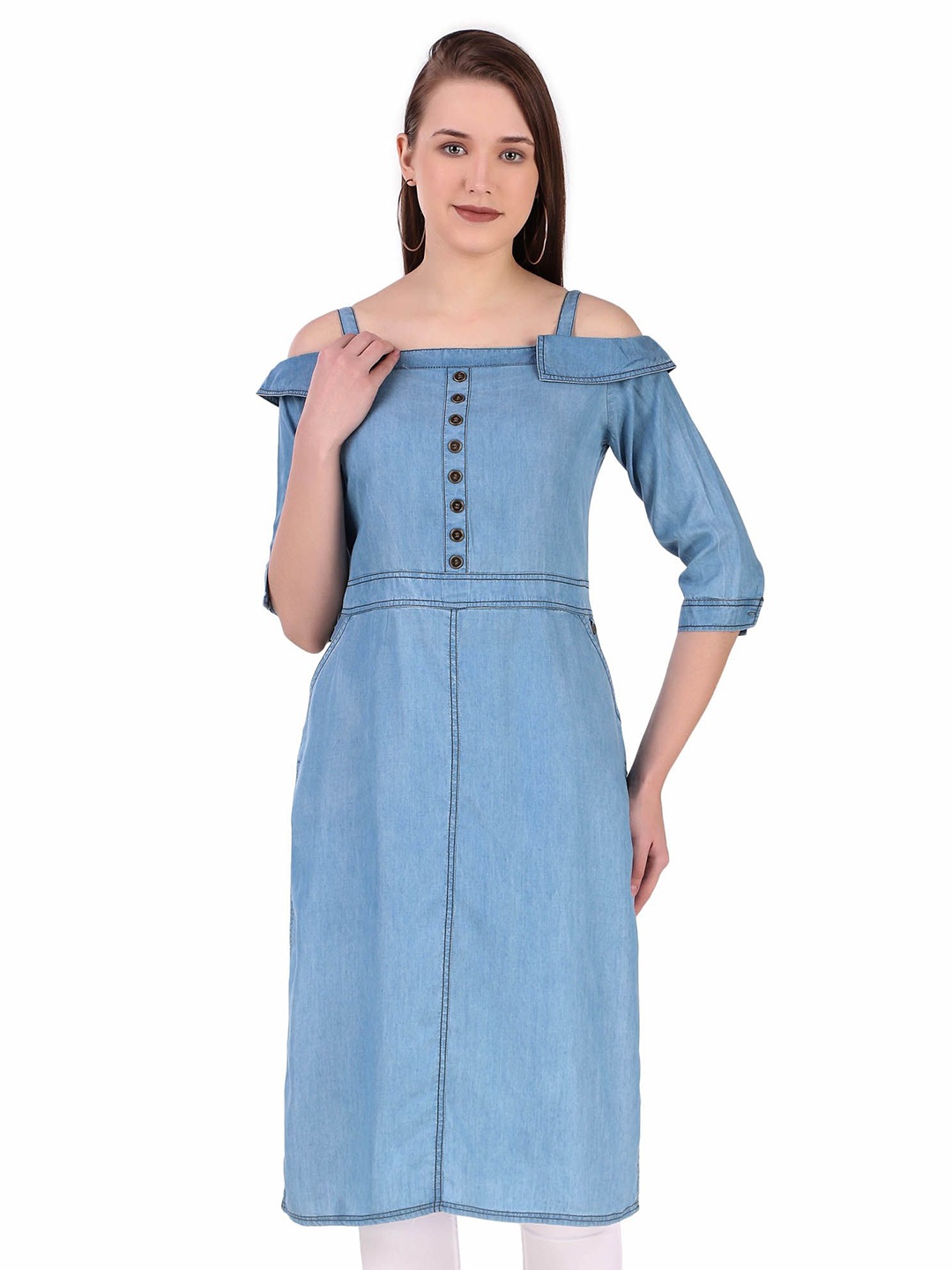 

Pose india Cold Shoulder Pure Cotton Straight Kurta, Blue