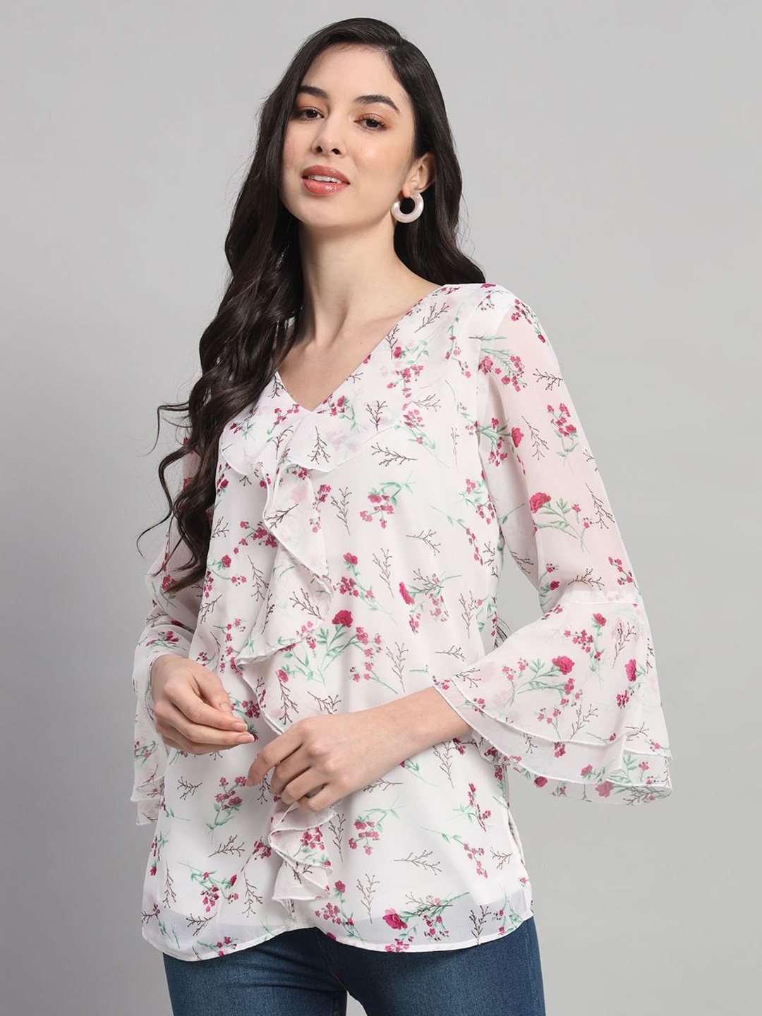 

Curvydrobe Floral Print Bell Sleeve Georgette Top, White