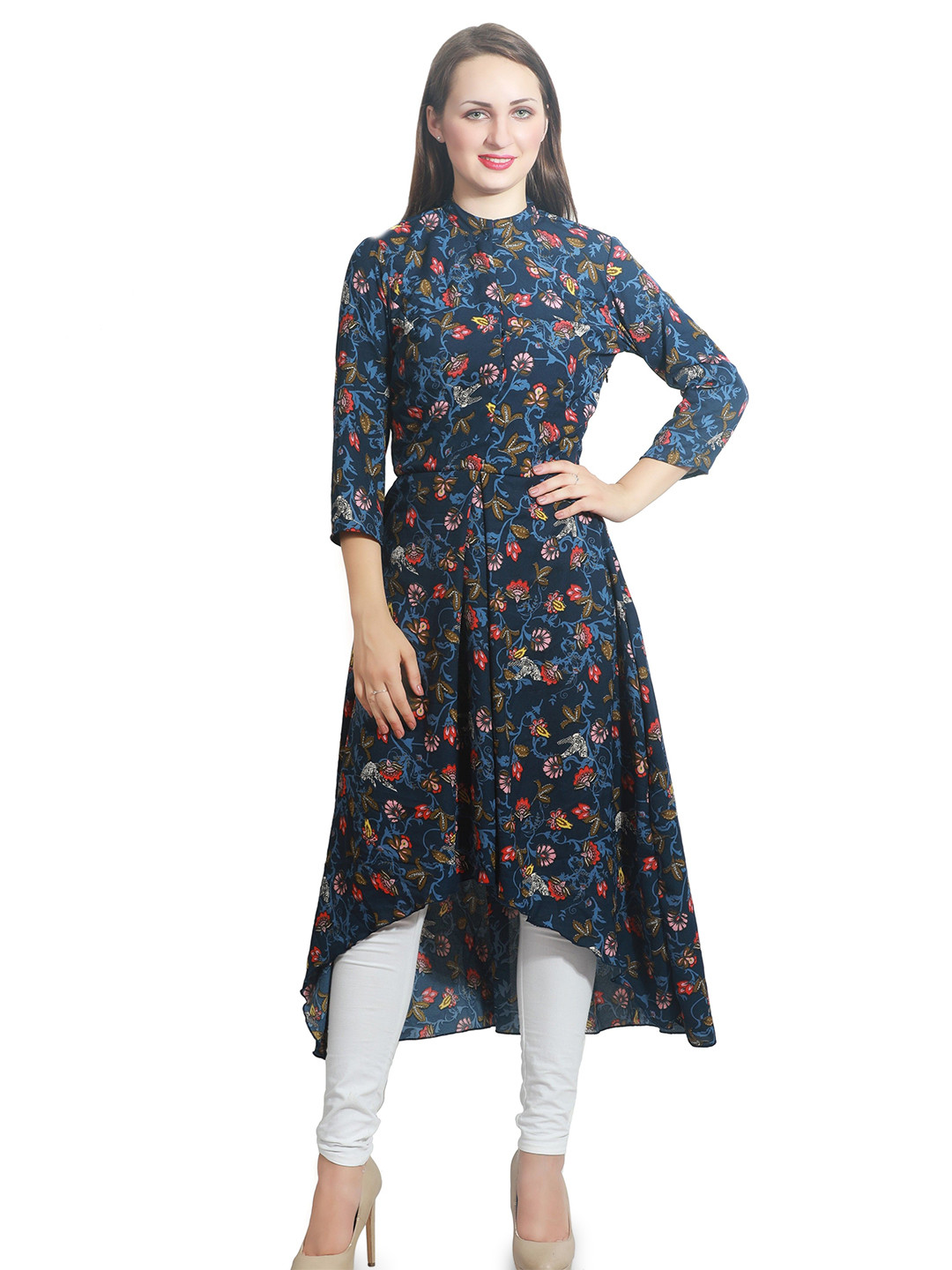 

DELIS Floral Print Keyhole Neck Georgette A-Line Midi Dress, Navy blue