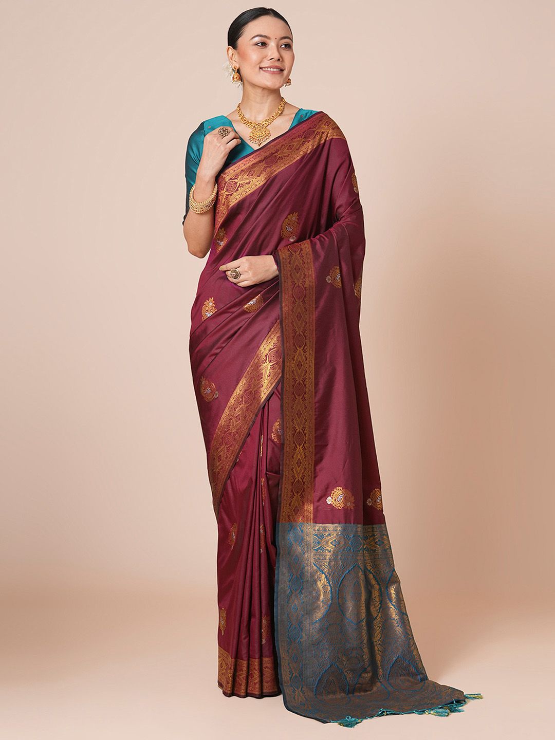 

House of Pataudi Woven Design Banarasi Saree With Blouse Piece, Maroon