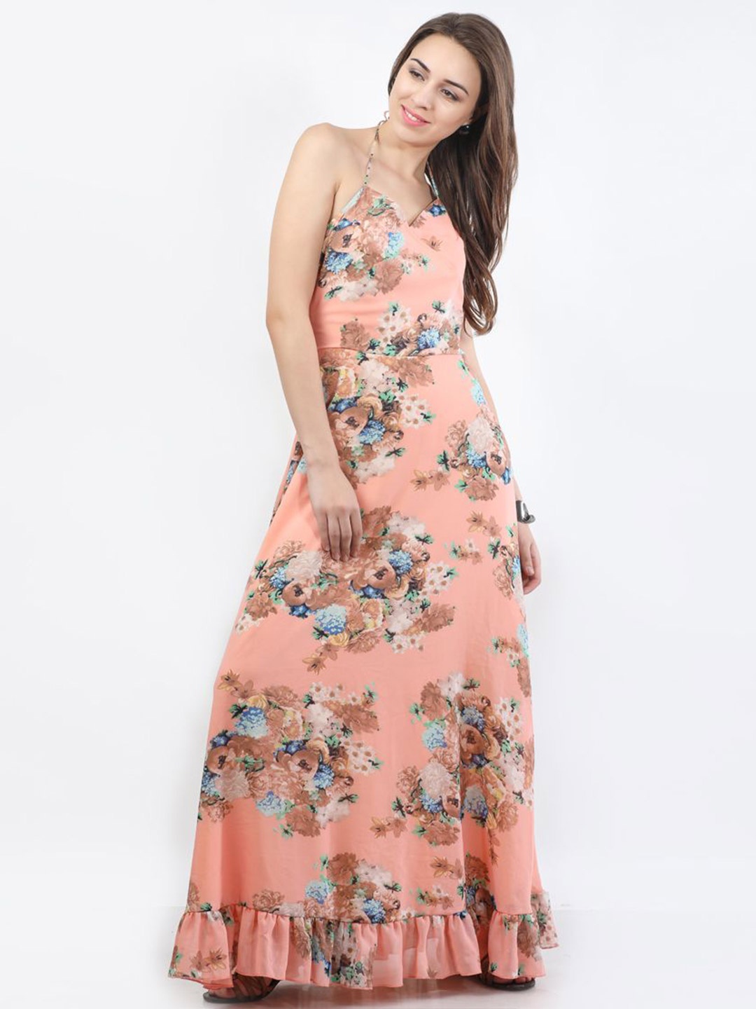 

DELIS Floral Print Georgette Fit & Flare Maxi Dress, Peach