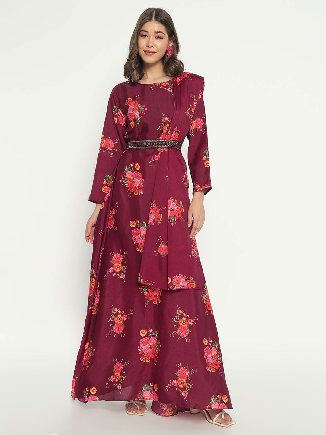 

Krunal Raiyani Floral Print Applique Fit & Flare Maxi Dress, Magenta