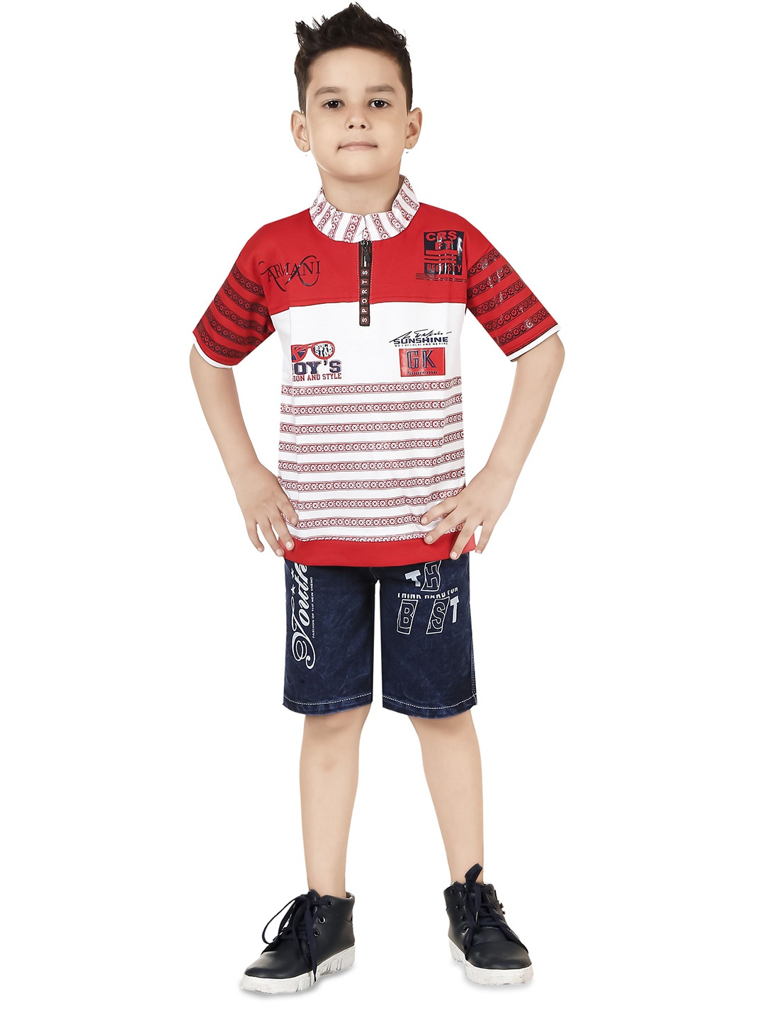 

LUCII Boys Printed Mandarin Neck T-shirt With Shorts, Red