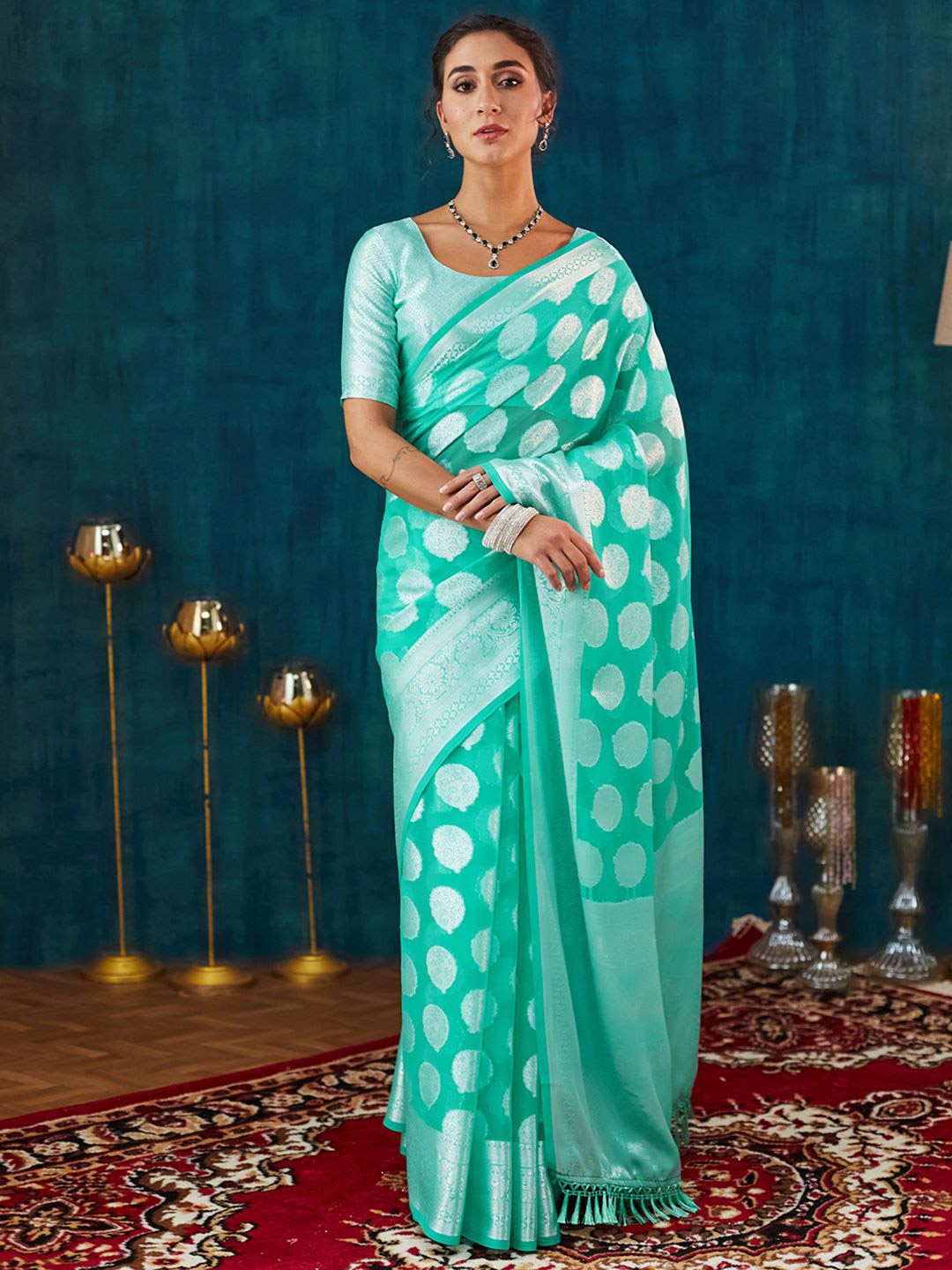 

Satrani Woven Design Zari Pure Georgette Saree, Green