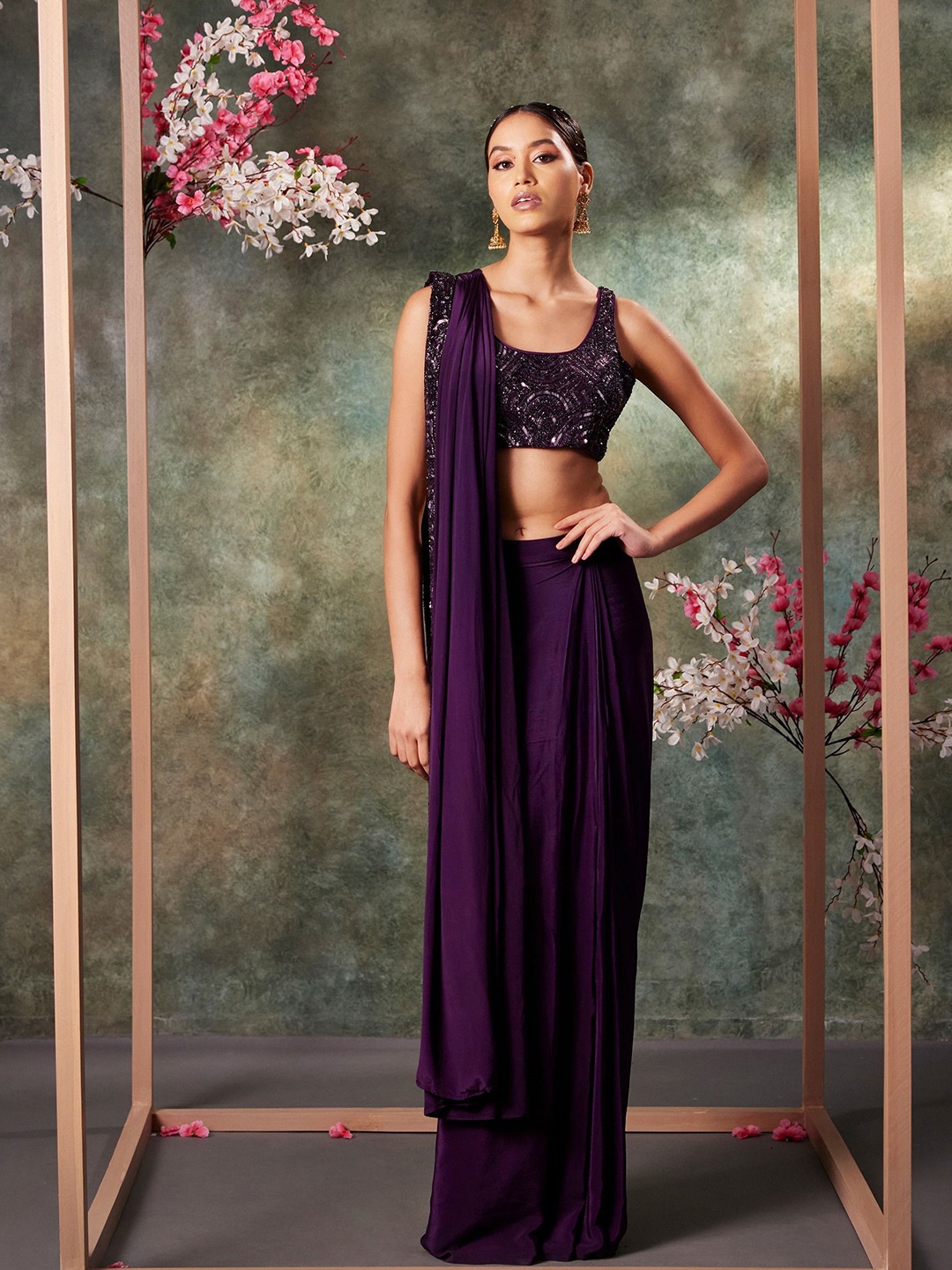 

Mehak Murpana Embellished Beads and Stones Pure Crepe Saree, Purple