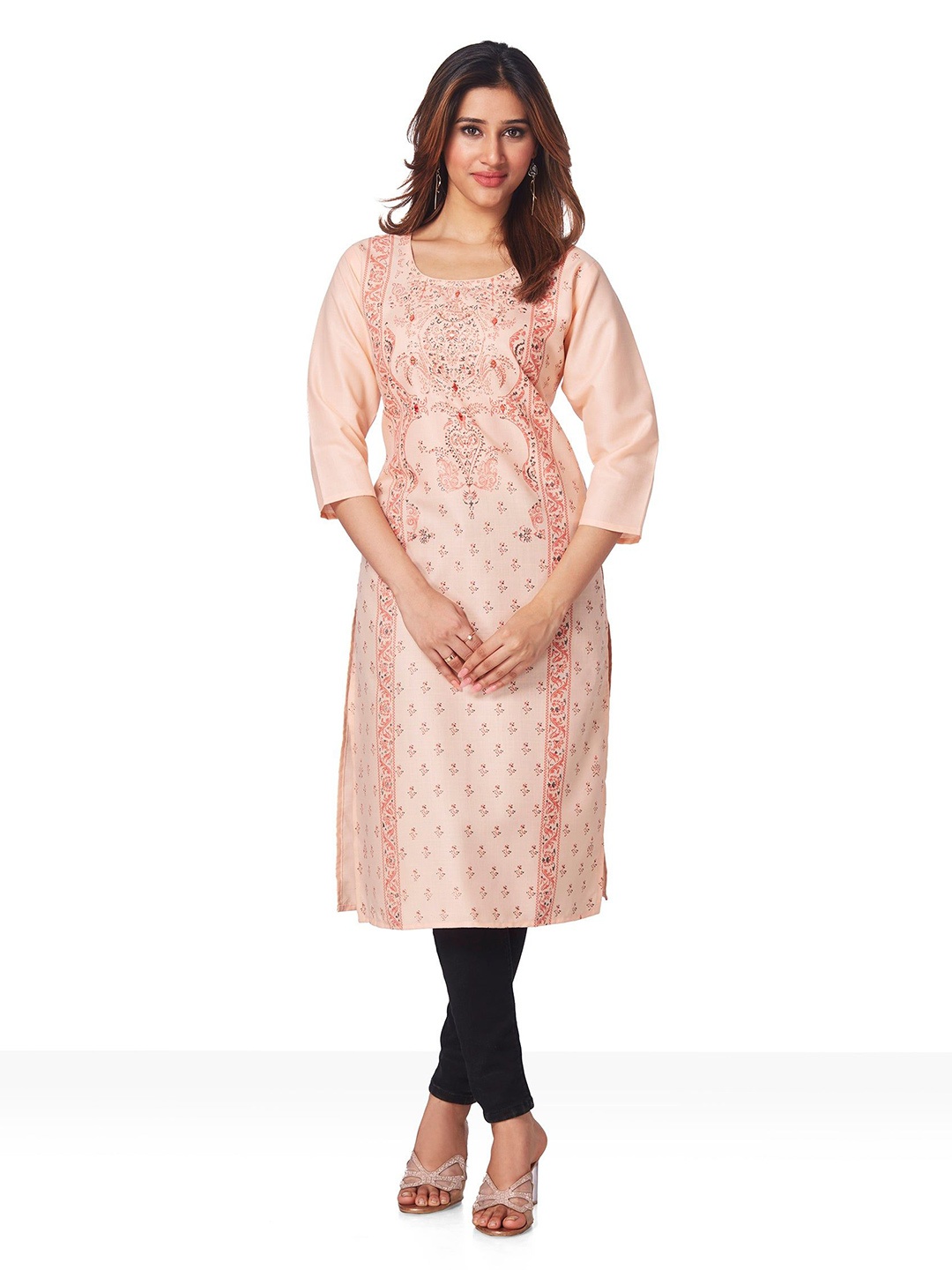 

FREYAA Women Ethnic Motifs Printed Gotta Patti Kurta, Orange