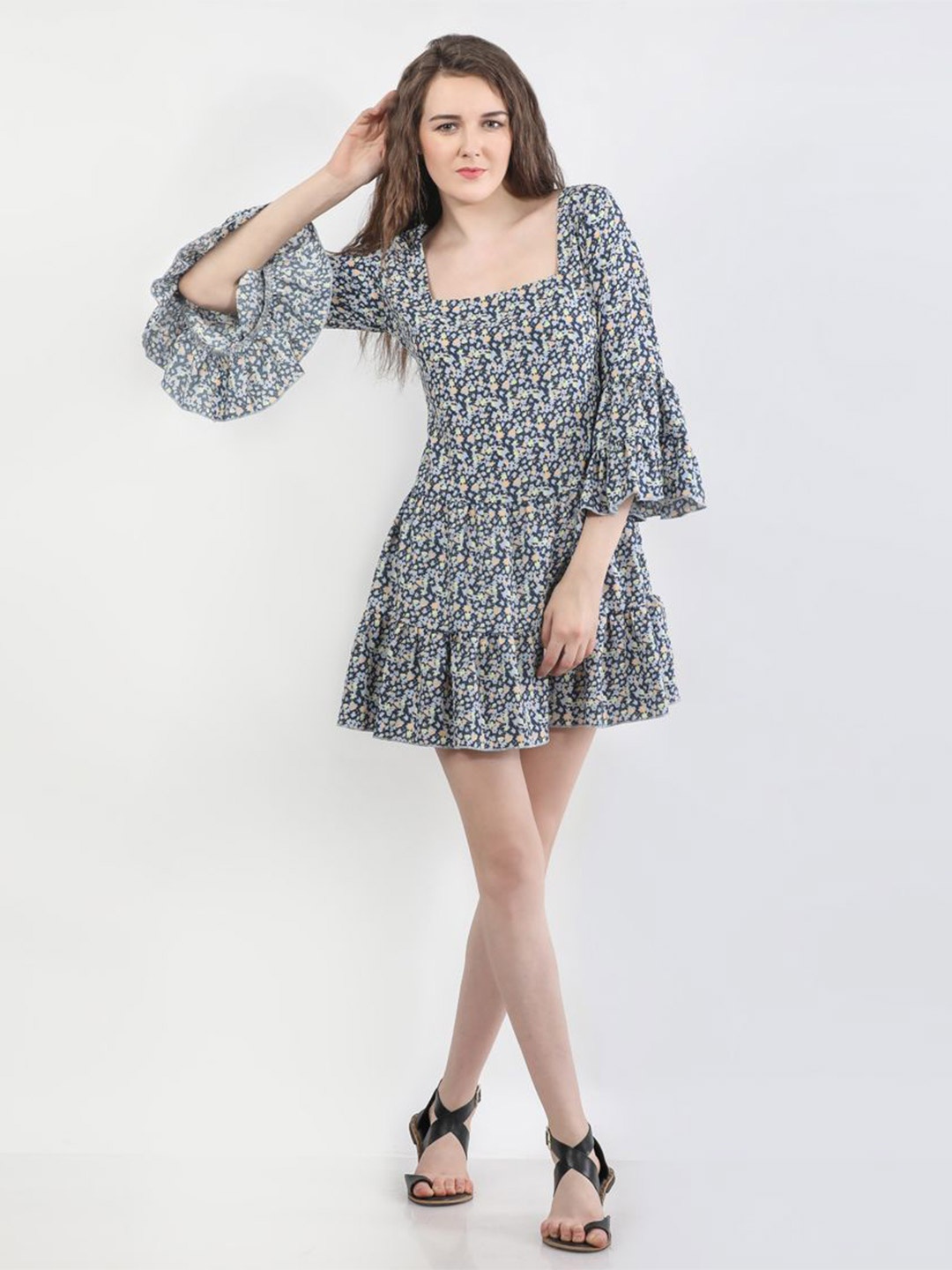 

DELIS Floral Print Fit & Flare Mini Dress, Navy blue