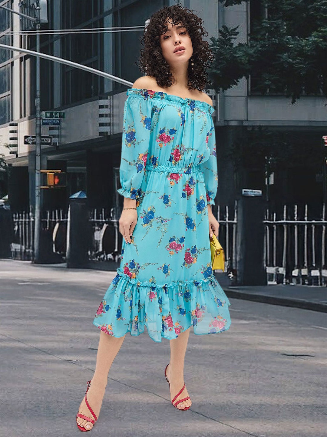 

DressBerry Floral Print Off-Shoulder Puff Sleeve Georgette Empire Midi Dress, Blue