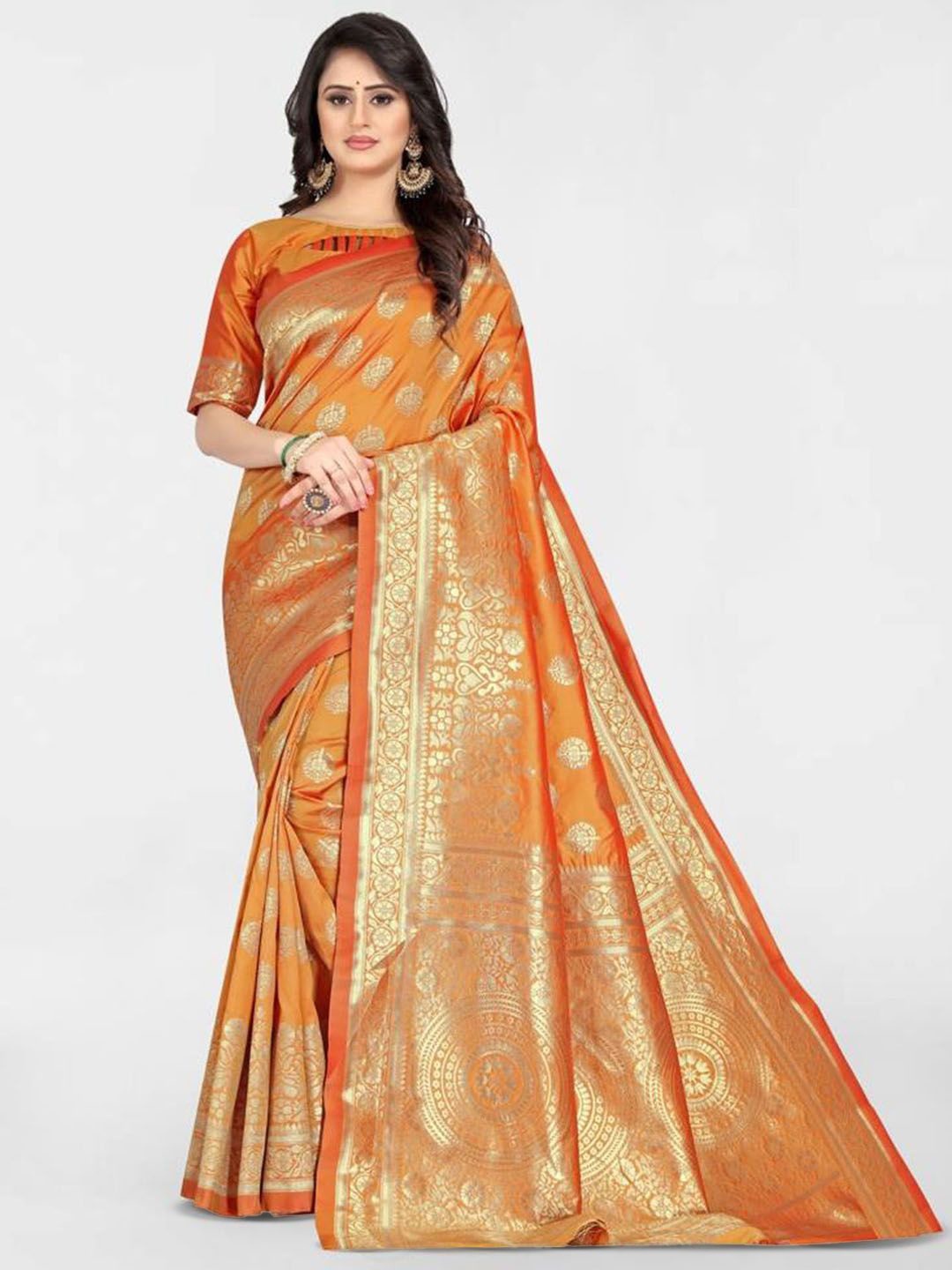 

KALINI Ethnic Motifs Zari Banarasi Saree, Orange