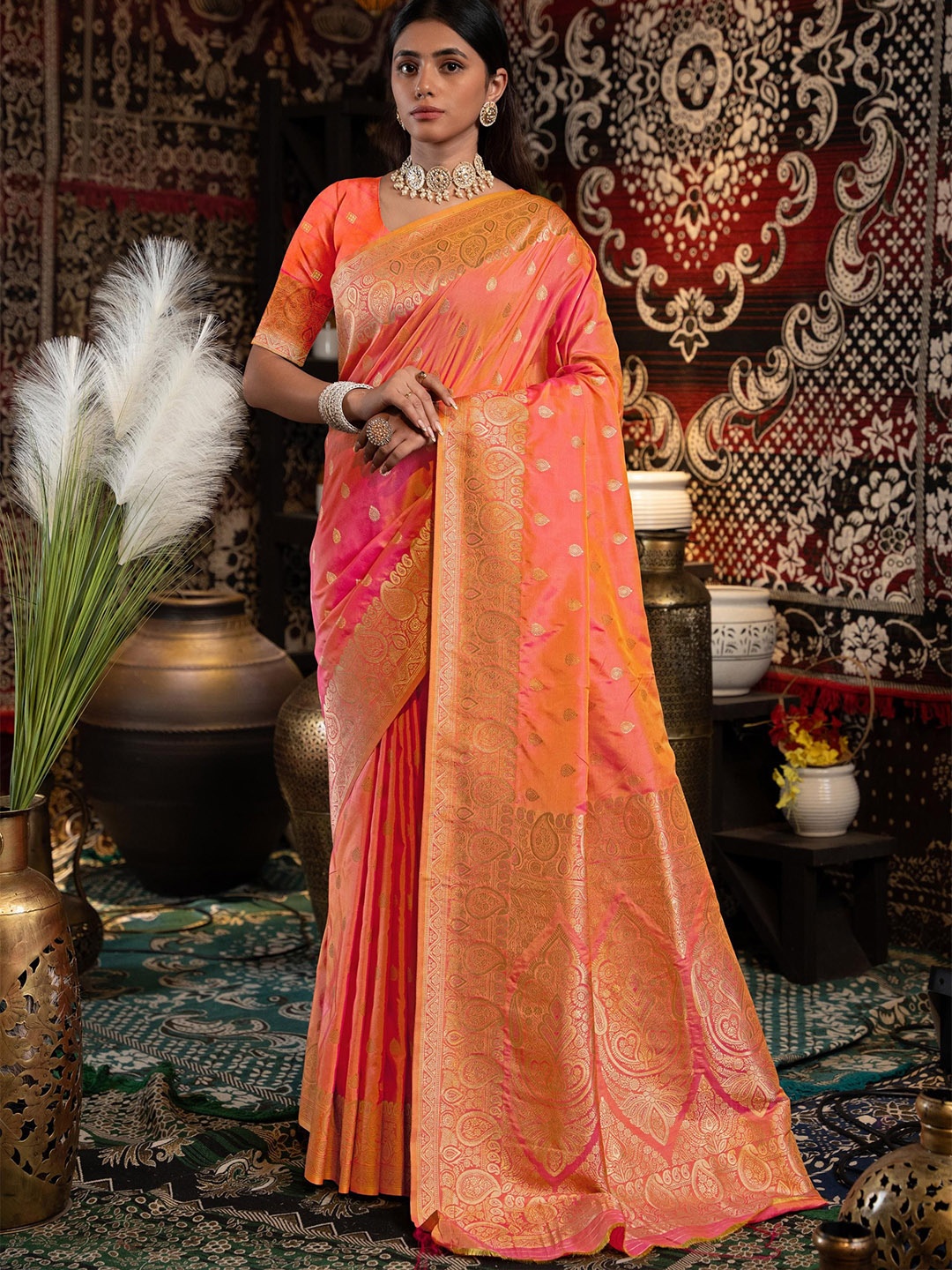 

GAJARAI Woven Design Zari Silk Blend Banarasi Saree, Peach