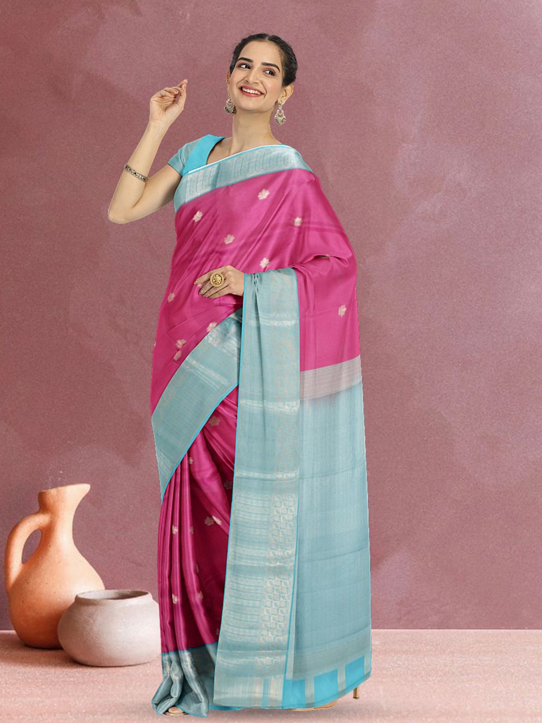 

Avishya Woven Design Zari Silk Blend Kanjeevaram Saree, Pink